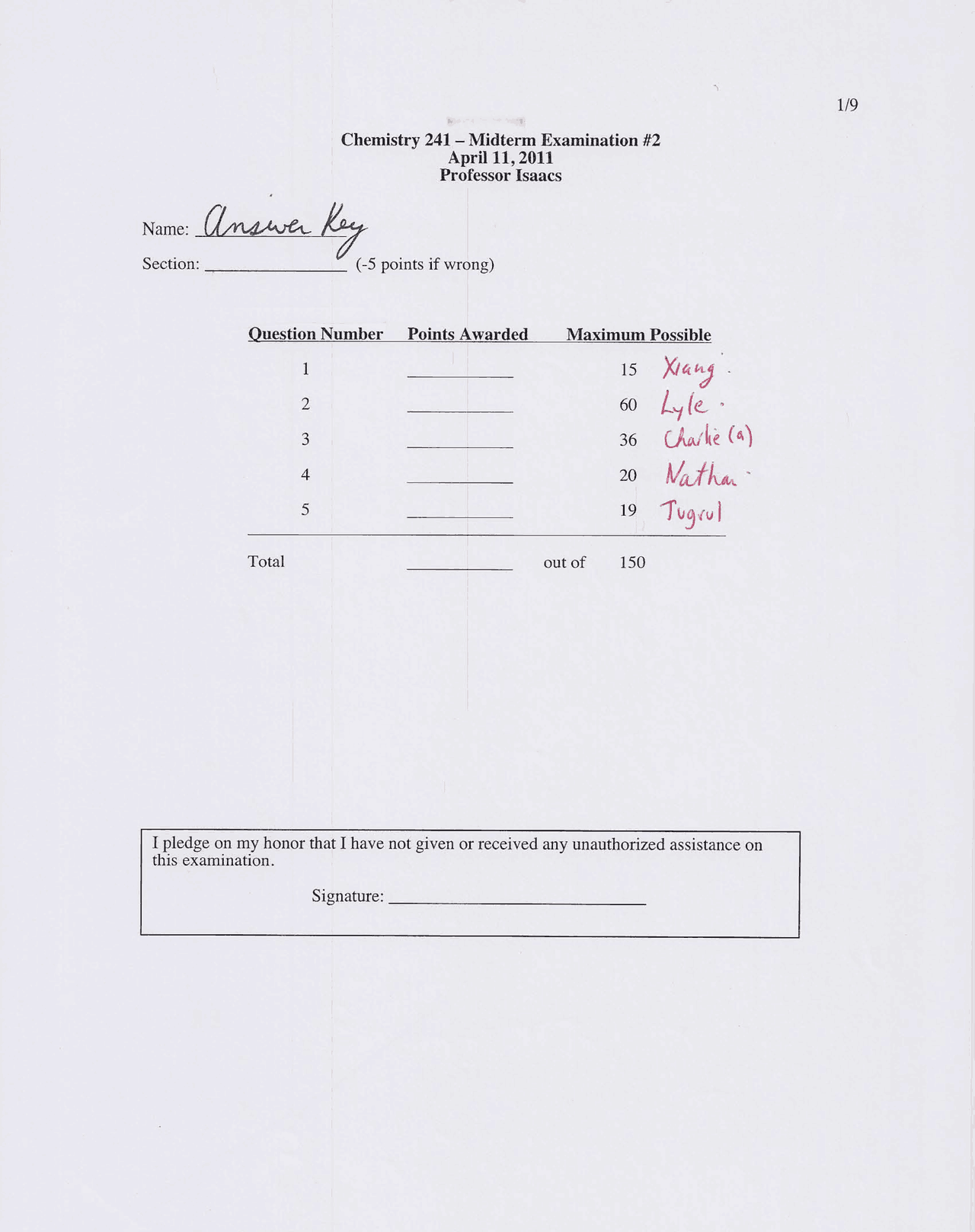 Organic Chemistry II - Midterm Exam with Answer Key | CHEM 241 - Docsity