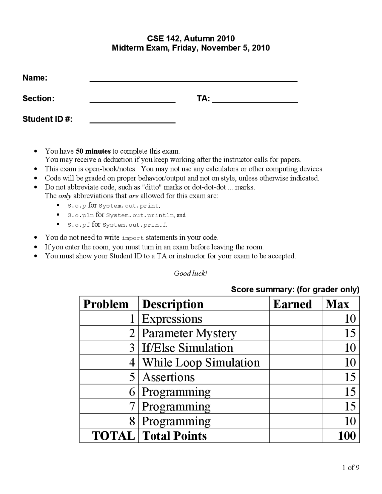 Midterm Exam Practice - Computer Programming I | CSE 142 - Docsity
