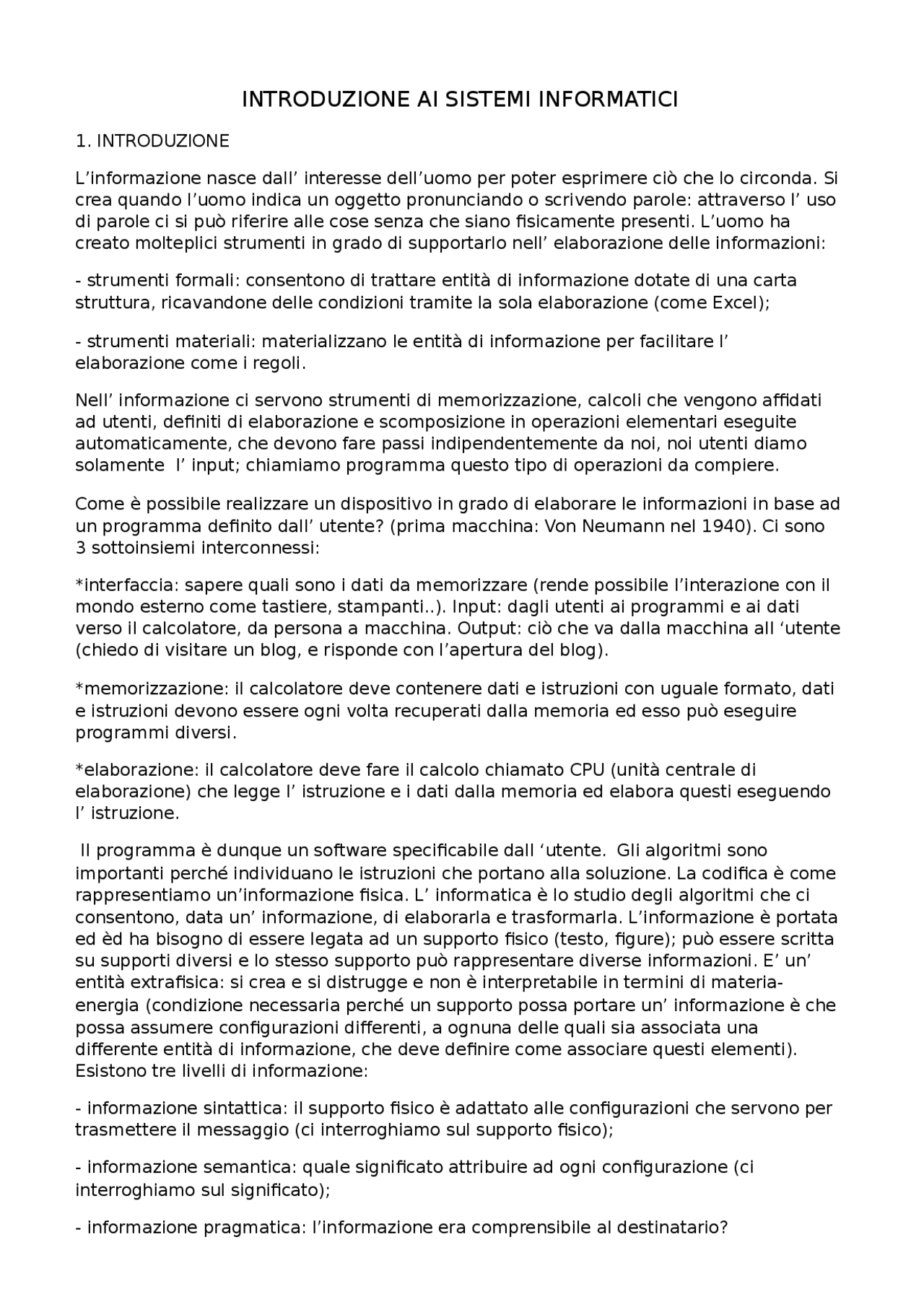 Riassunti introduzione ai sistemi informatici | Sintesi del corso di ...