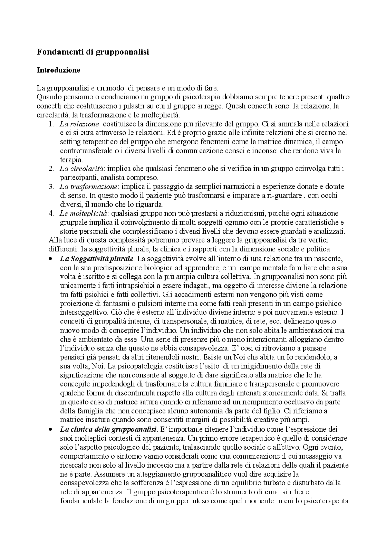 Fondamenti di gruppoanalisi Sintesi del corso di Psicologia Dinamica