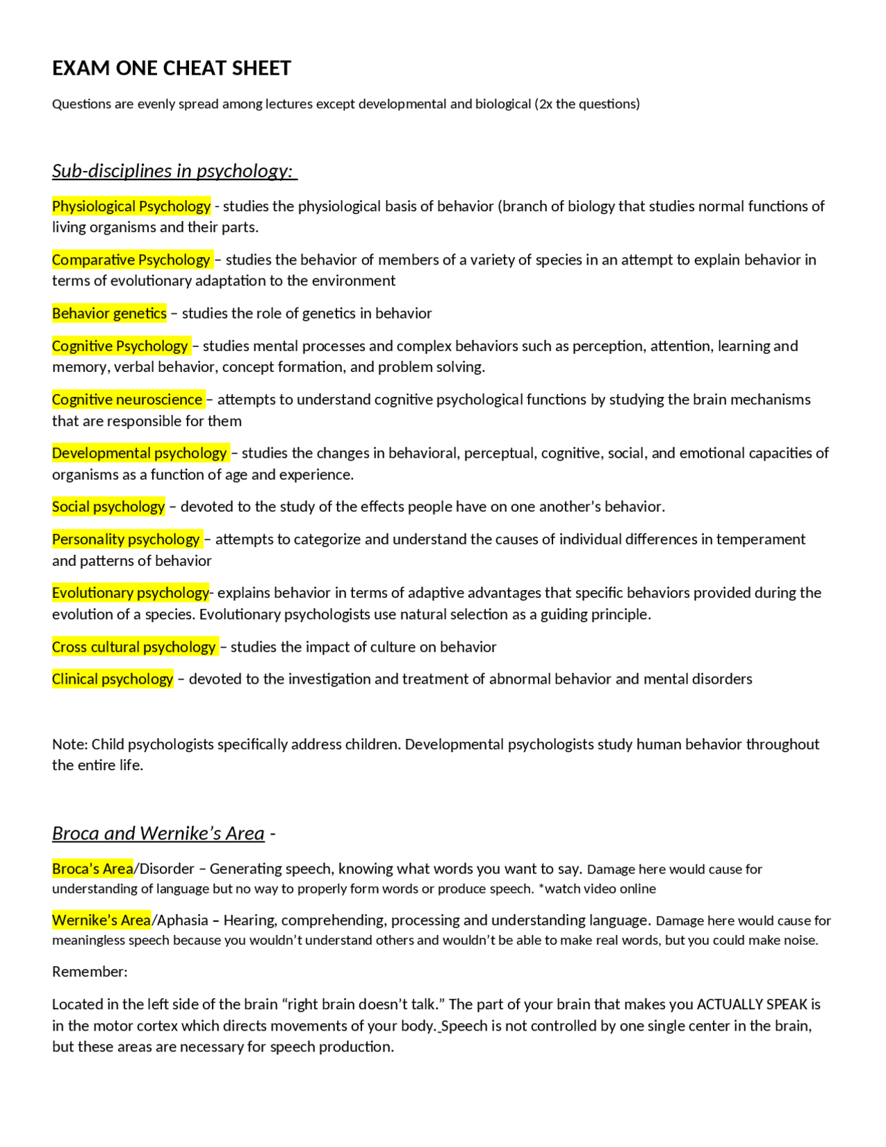 Exam 1 Cheat Sheet - Introductory Psychology | PSYC 2004 - Docsity