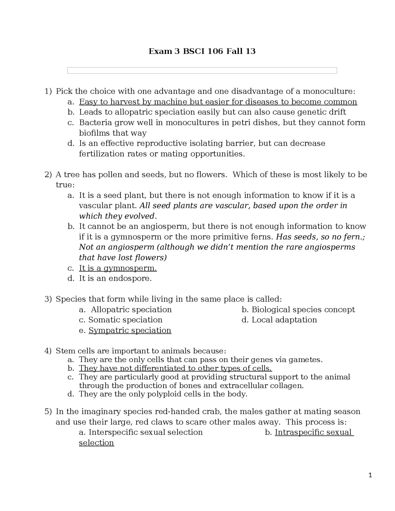 Principles of Biology I - Exam 3 with Solution | BSCI 106 - Docsity