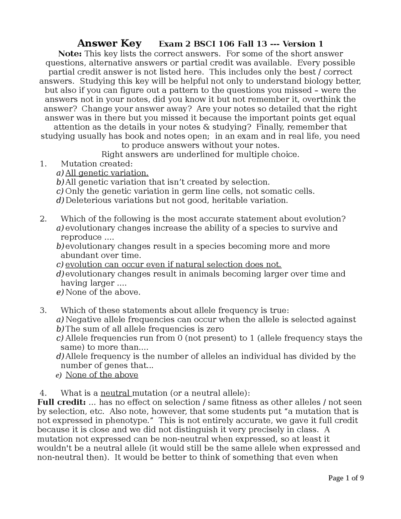 Answer Key for Exam 2 - Principles of Biology II | BSCI 106 - Docsity