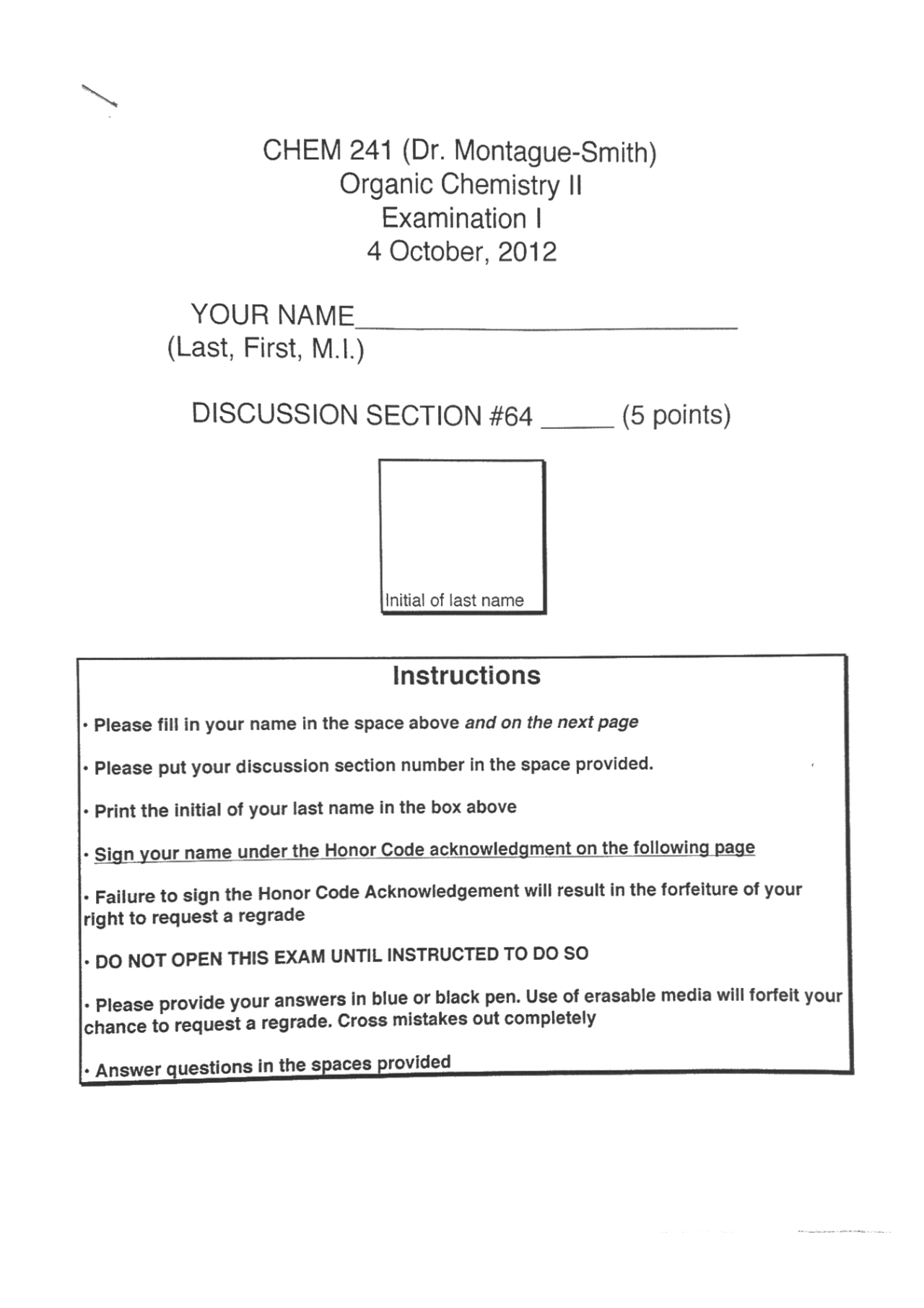Practice Exam 1 on Organic Chemistry II - Fall 2012 | CHEM 241 - Docsity
