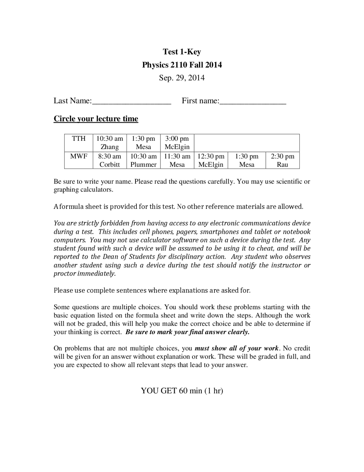 Test 1 with Solution Key - Particle Mechanics | PHYS 2110 - Docsity