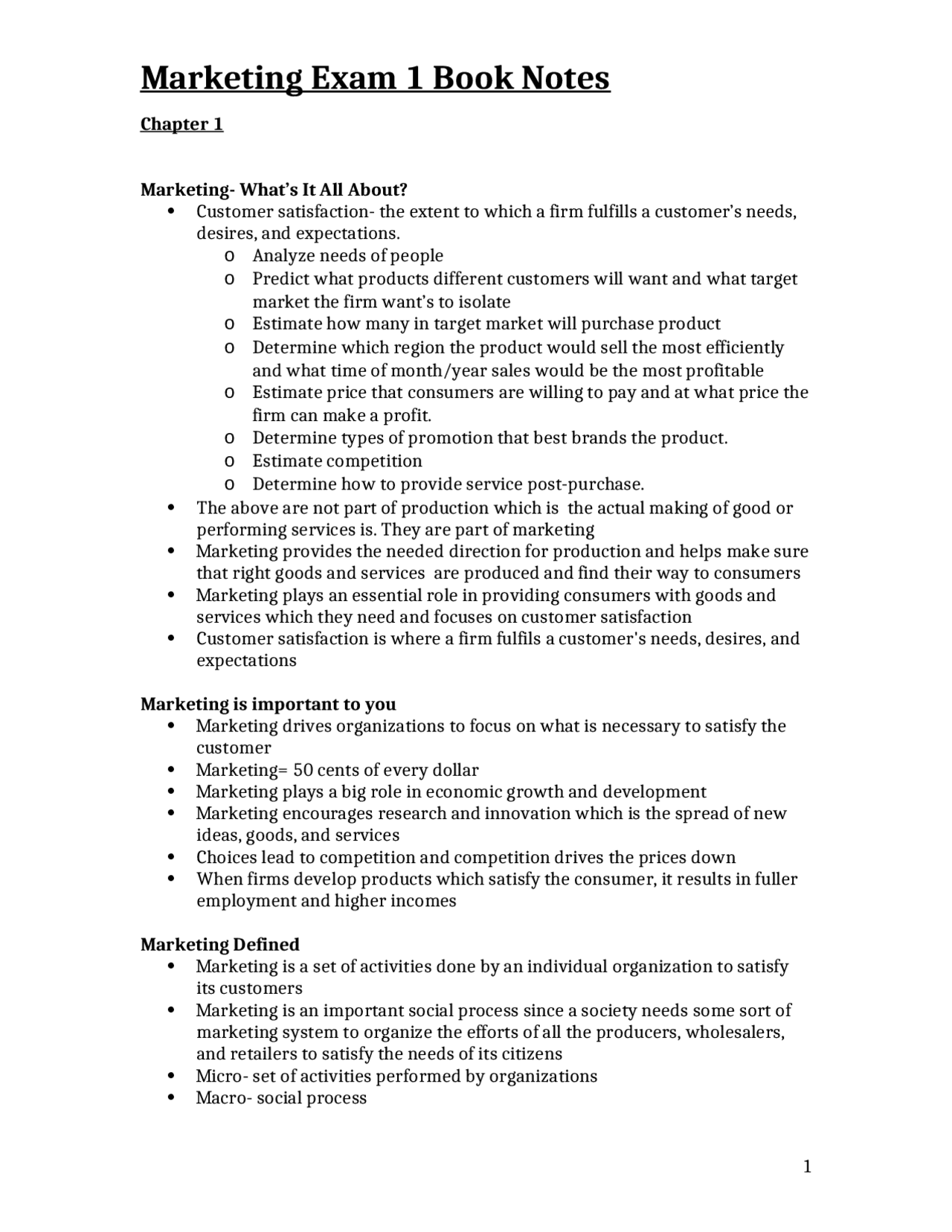 Exam 1 Book Notes - Foundations of Marketing | MKT 320F - Docsity