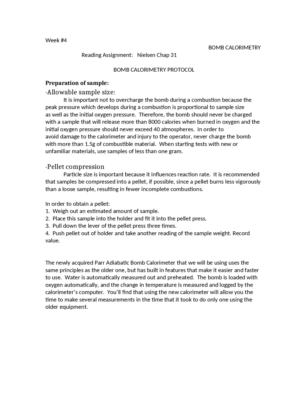 Lab 4 Bomb Calorimetry Food Nutrition Analysis NFSC 450 Docsity