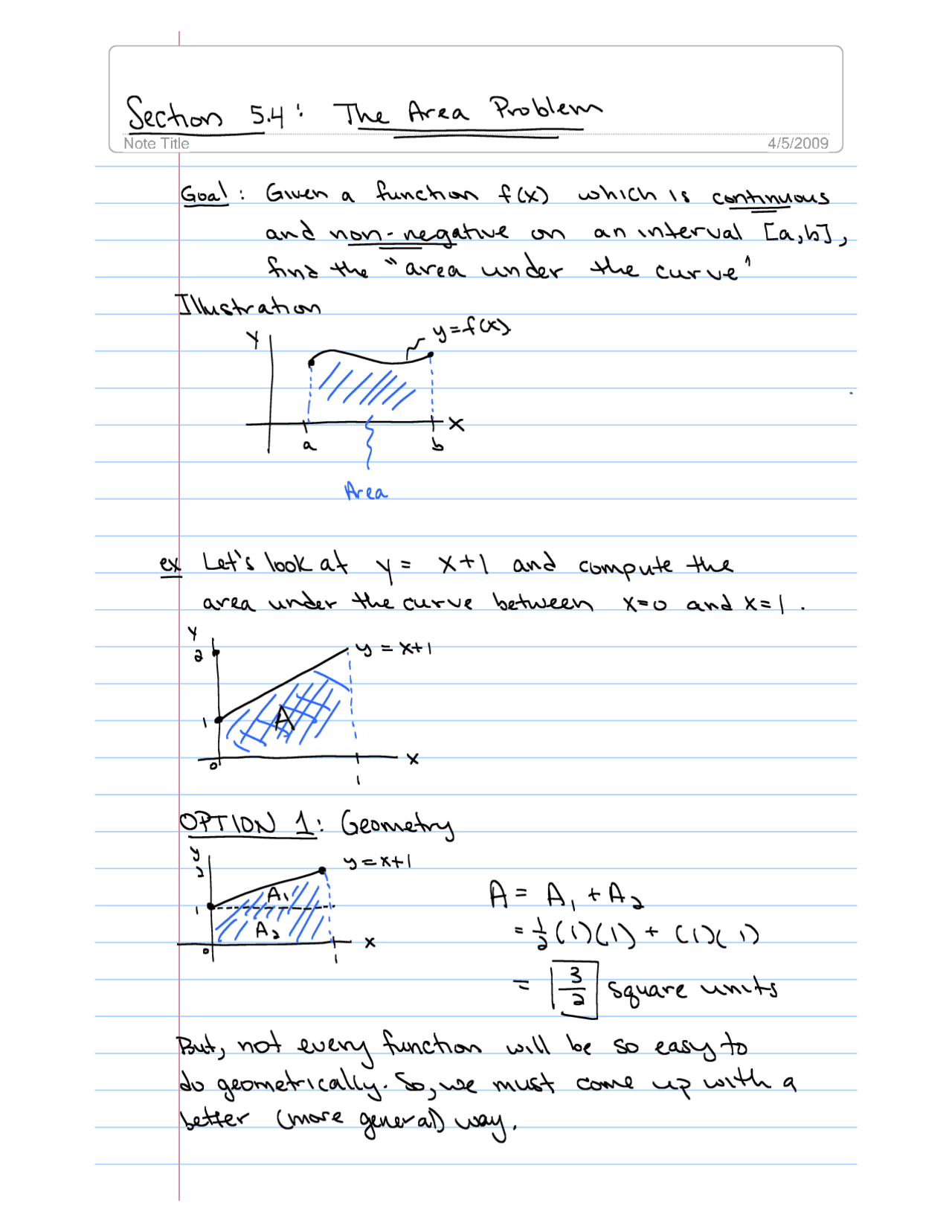 Area Defined Area Defined as A Limit and Sigma Notation | MATH 122 - Docsity