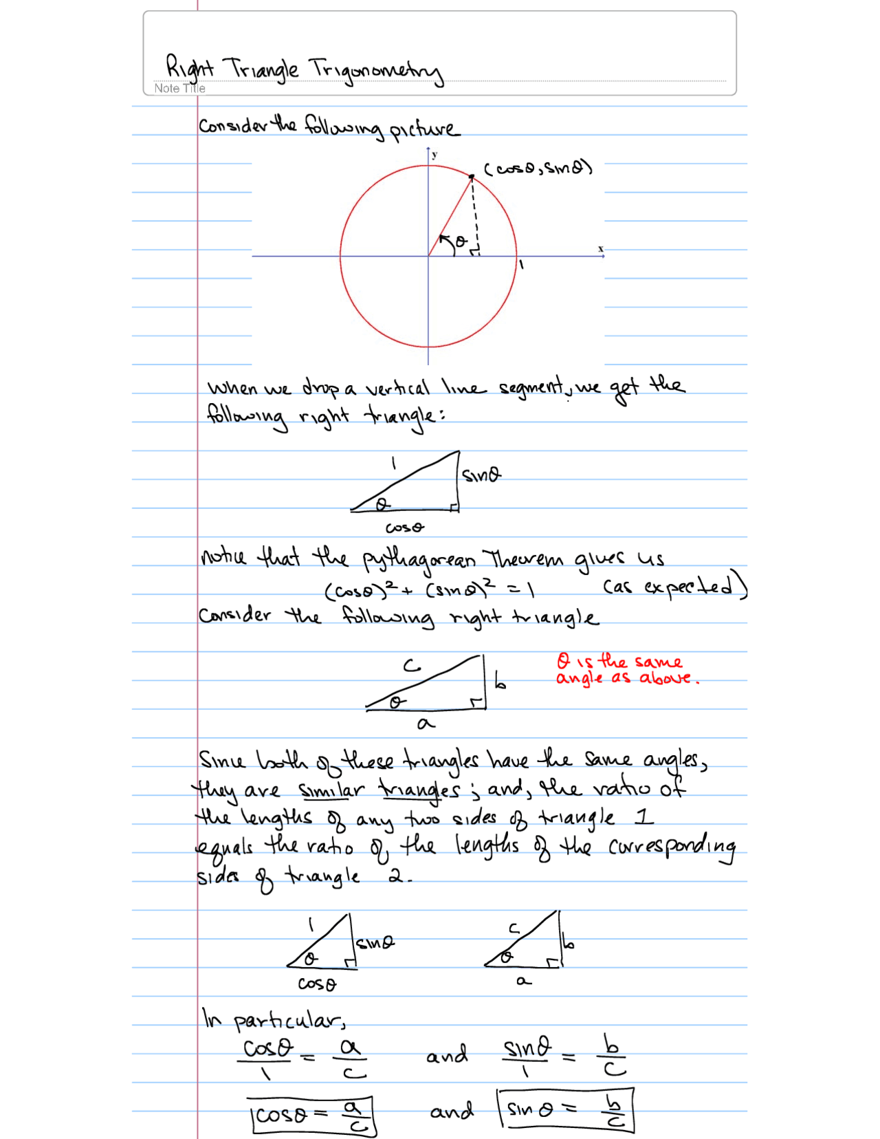 Handwritten Notes on Right Triangle Trigonometry | MATH 122 | Study ...