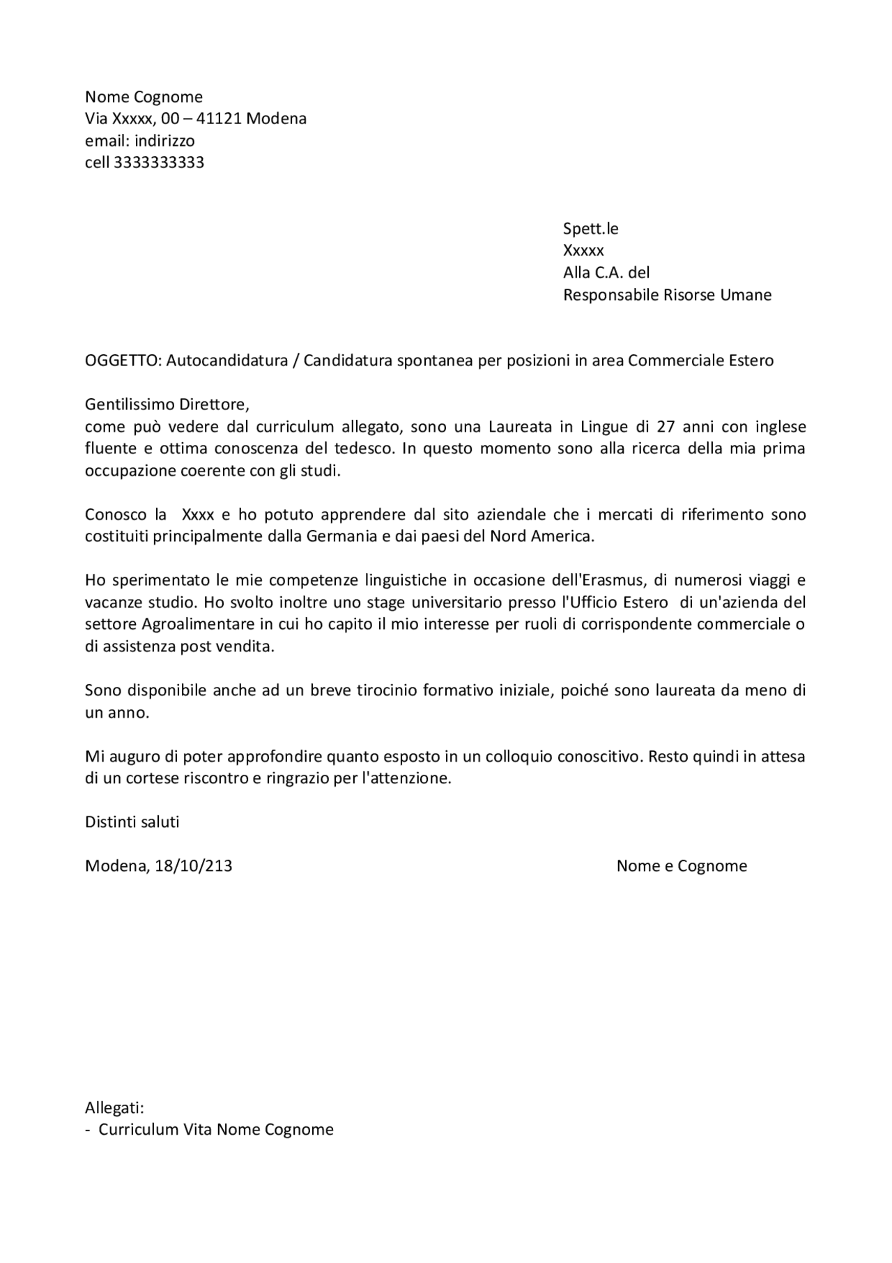 Lettera esempio di presentazione - Docsity