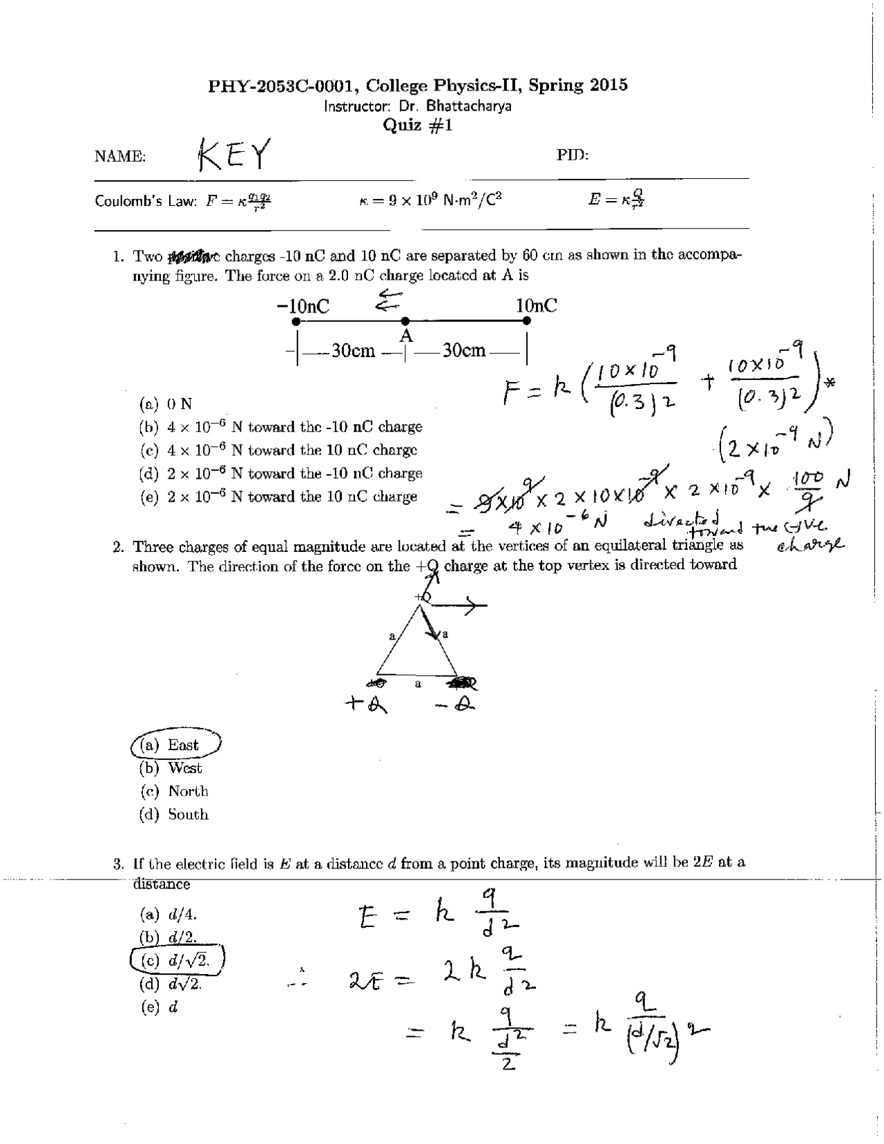 Coulomb's Law - Quiz 1 Answer Key | College Physics II | PHY 2054 - Docsity