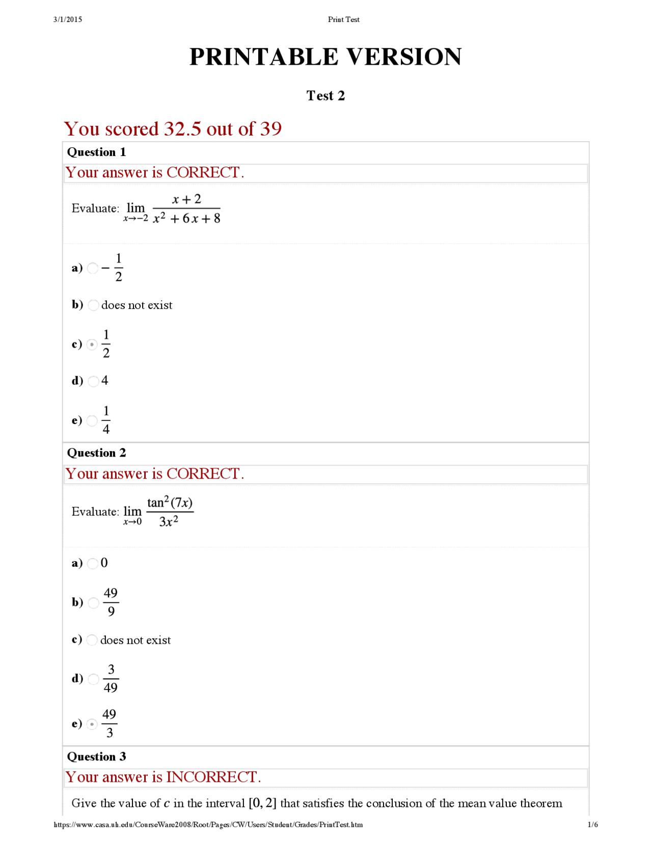 Test 2: Printable Version - Calculus I | MATH 1431 - Docsity