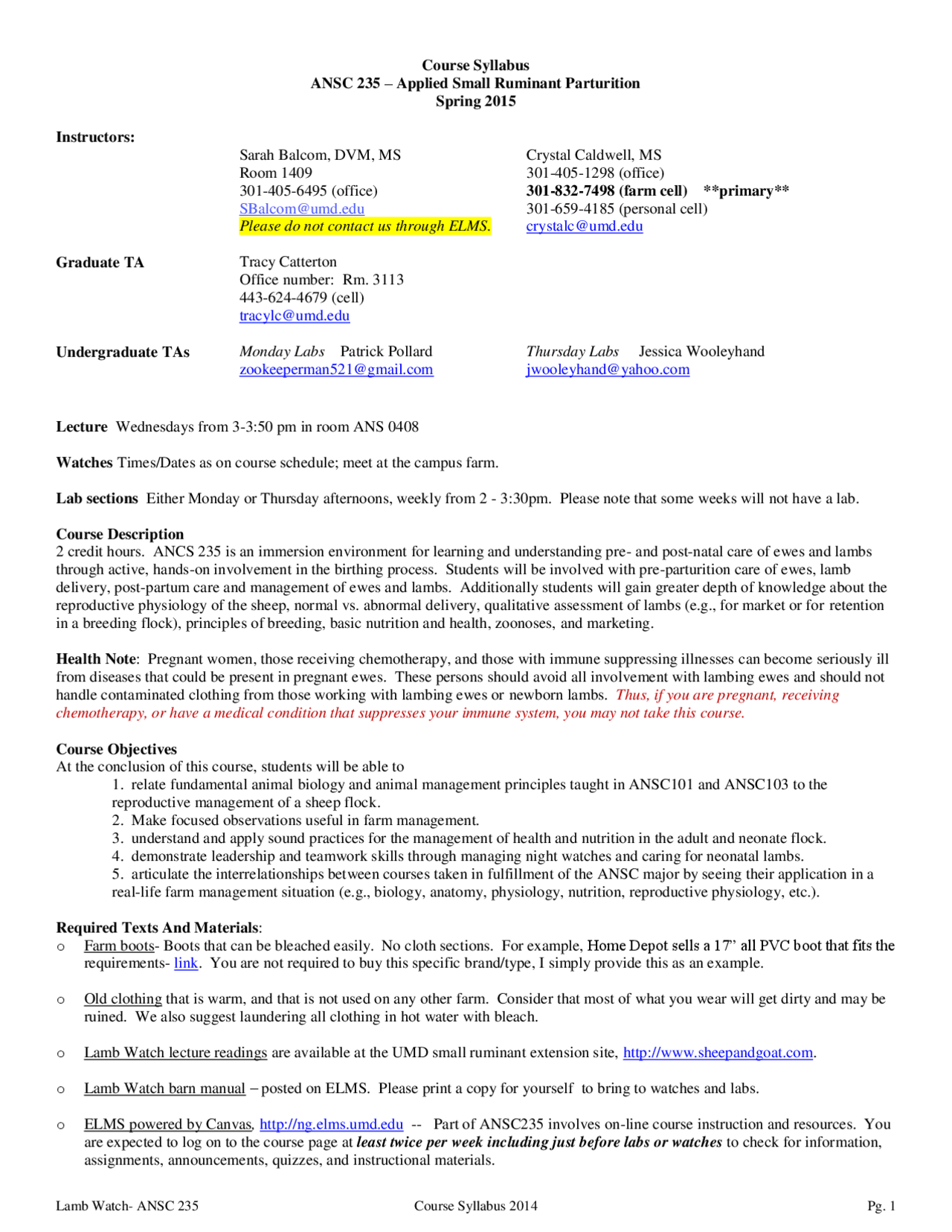 Laboratory Sessions and other Opportunities Course Syllabus ANSC