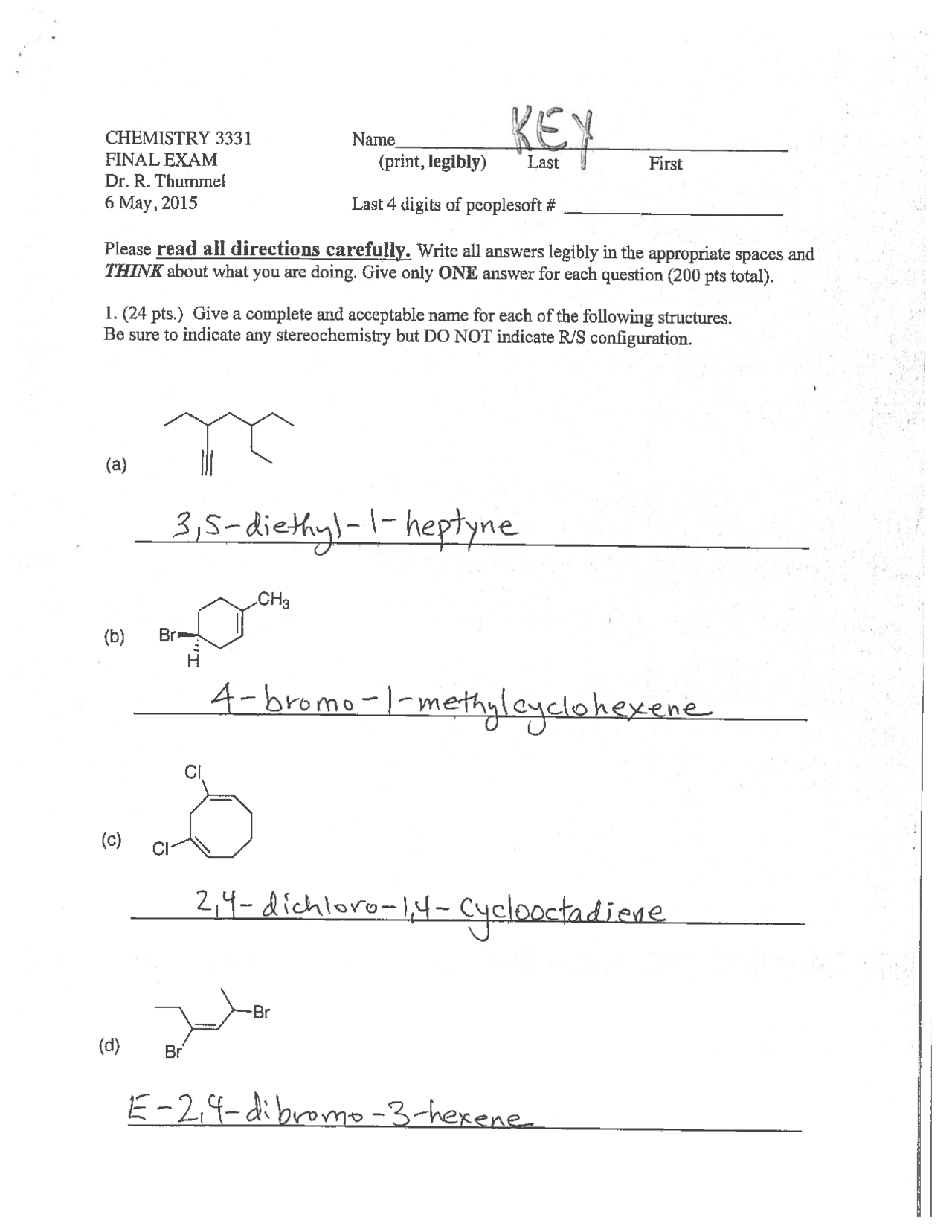 Fundamental of Organic Chemistry I - Final Exam Solutions | CHEM 3331 ...
