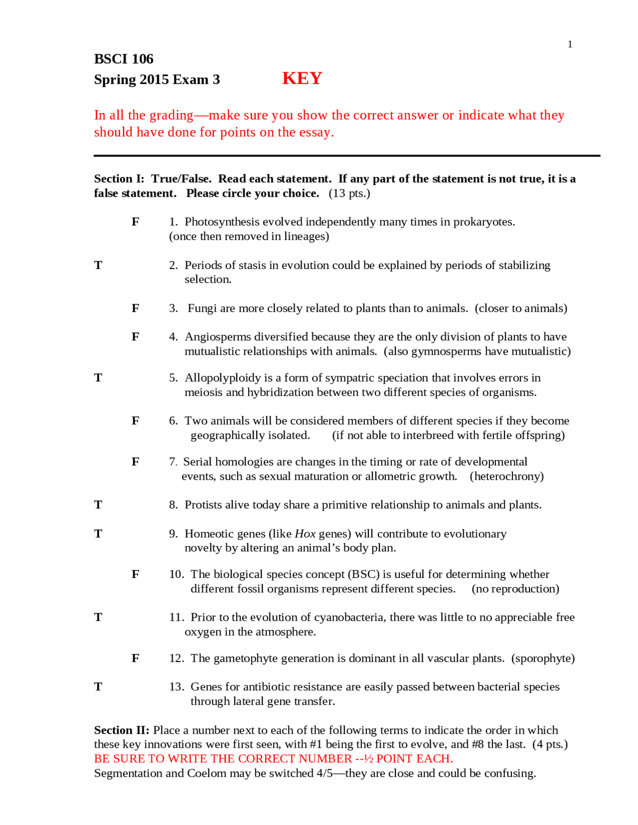 Exam 3 Answers Key - Principle Biology II | BSCI 106 - Docsity