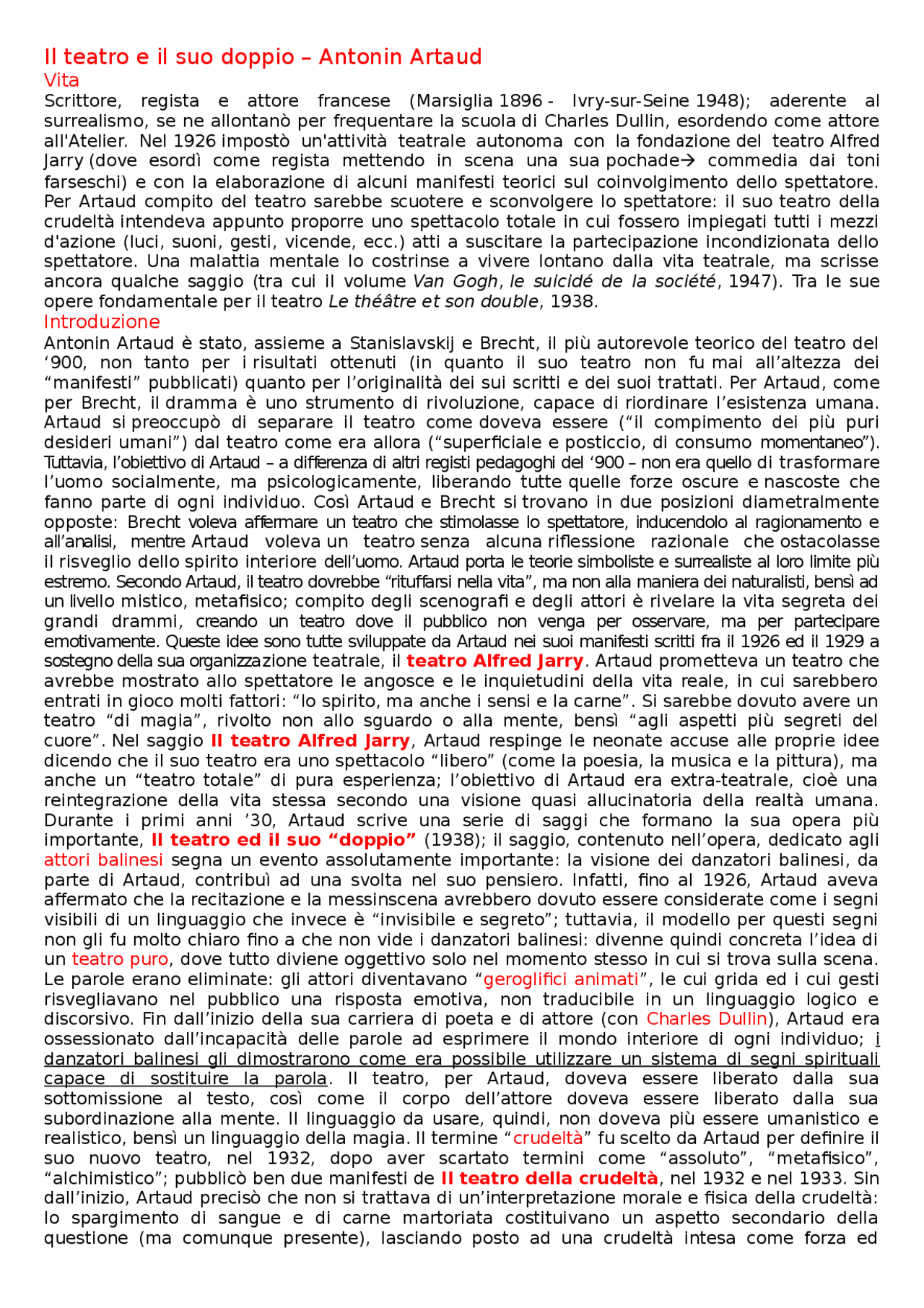 Riassunto Il teatro e il suo doppio Sintesi del corso di Storia del Teatro e dello Spettacolo Riassunto Il teatro e il suo doppio Sintesi del corso di Storia del Teatro e dello Spettacolo