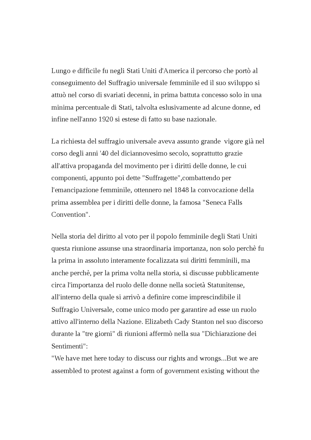 Storia diritto delle donne al voto USA - Docsity