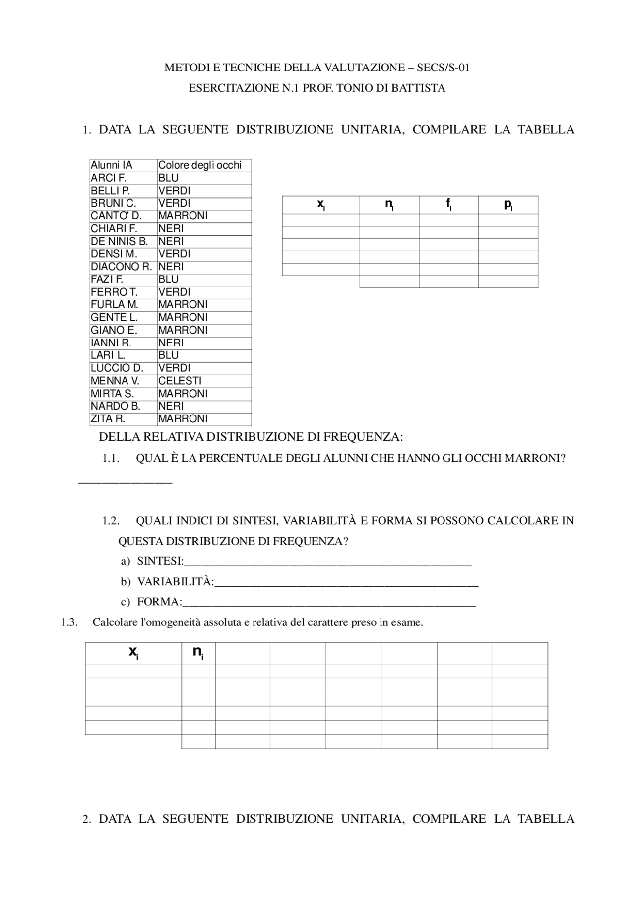Esercizi statistica | Exercises of Applied Statistics | Docsity