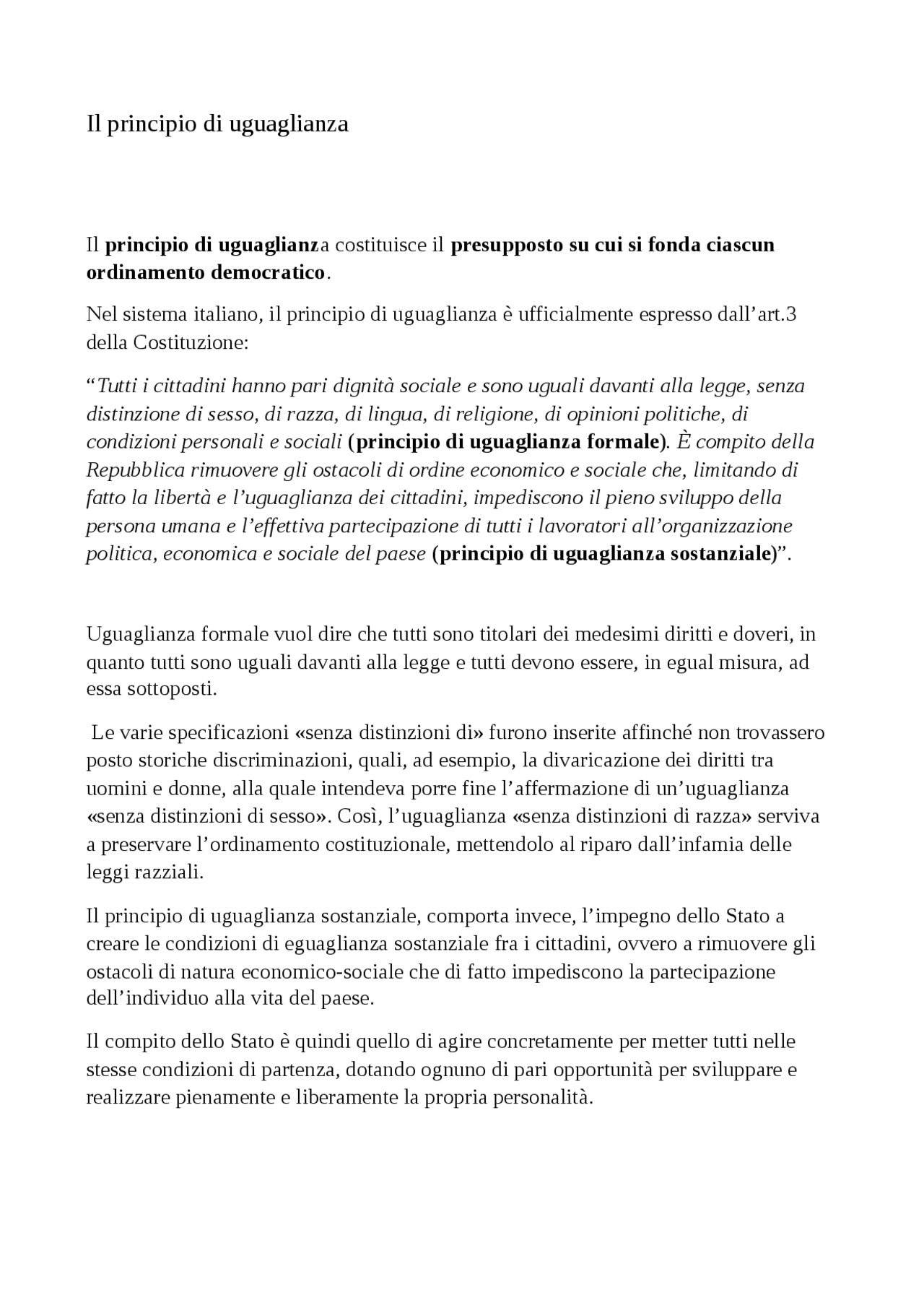 Il principio di uguaglianza Docsity