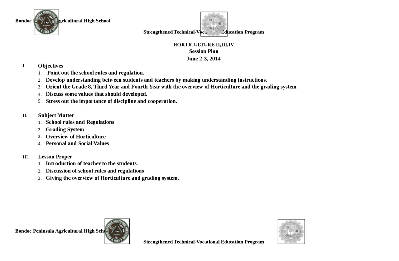 Tve Subject Session plan in tve - Docsity
