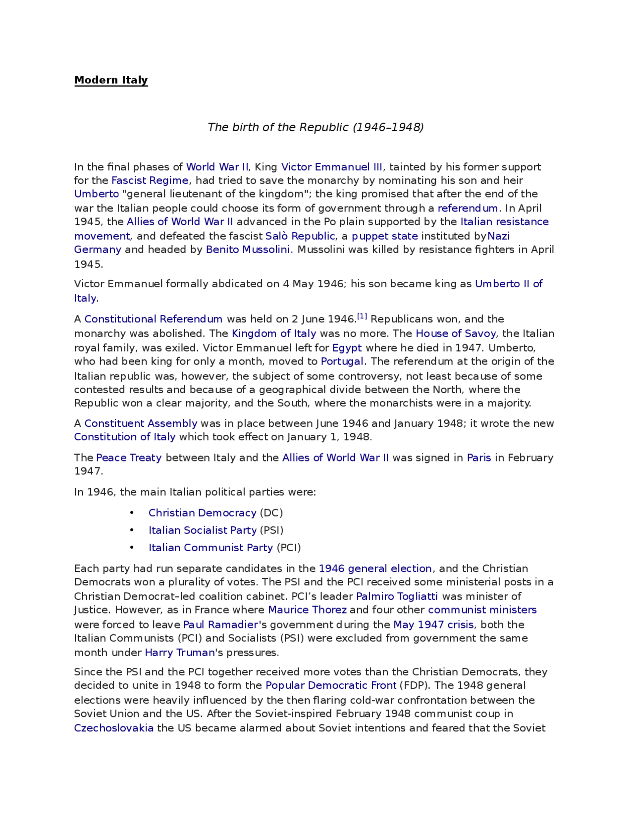 History of the Italian Republic - Docsity