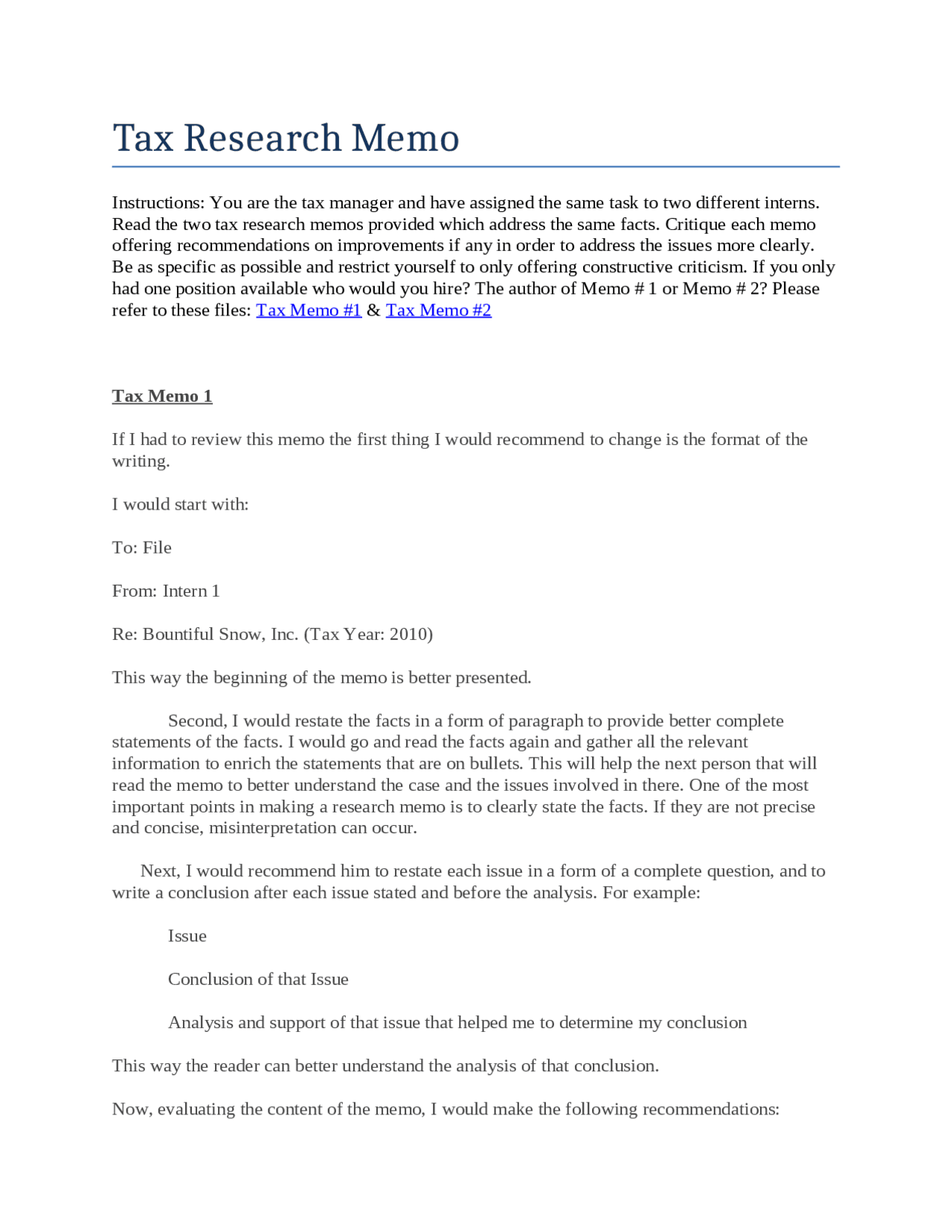 Simple Tax Filing Memo Example Tax Research Memo Issues - Lecture Notes | ACG 4501 - Docsity