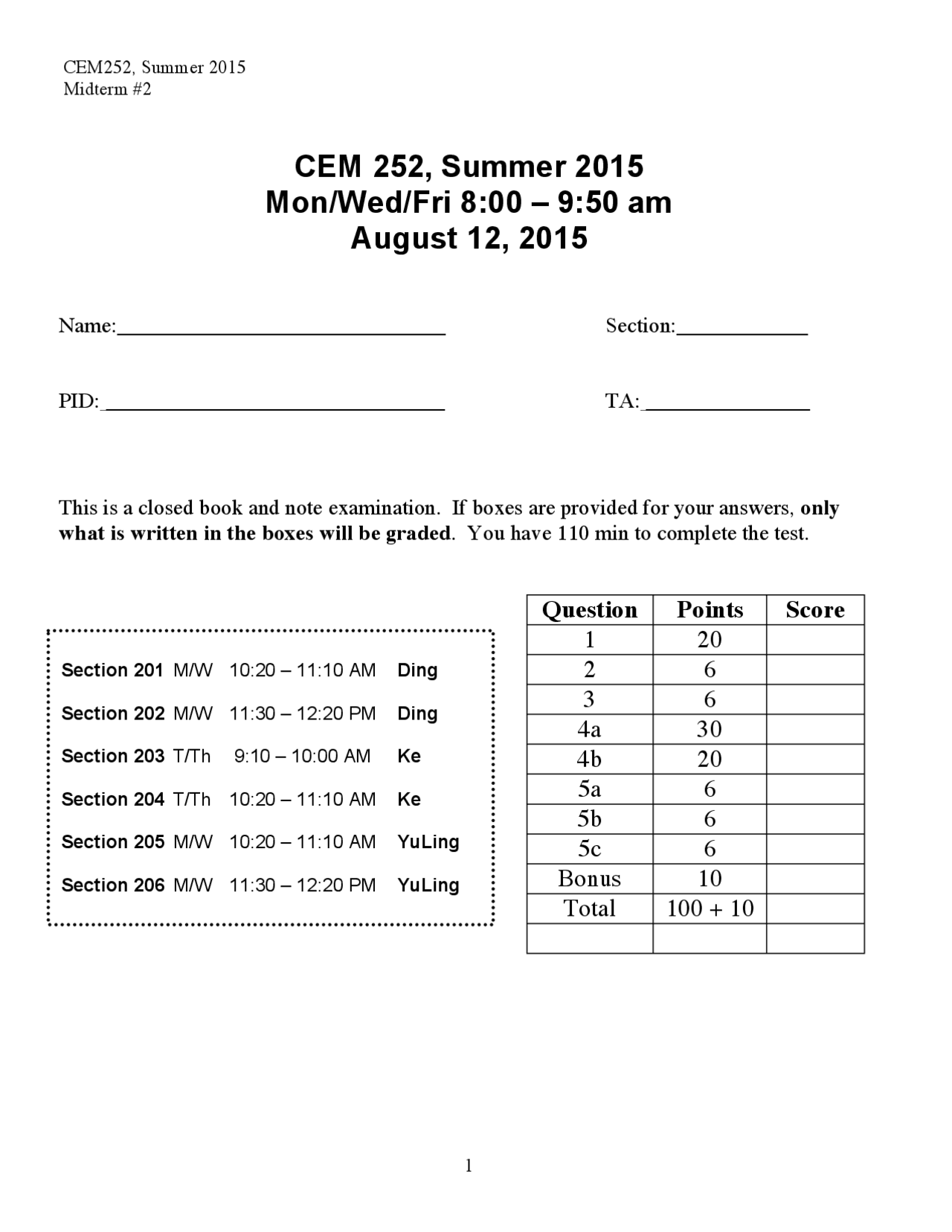 Midterm Exam 2 - Organic Chemistry II | CEM 252 - Docsity