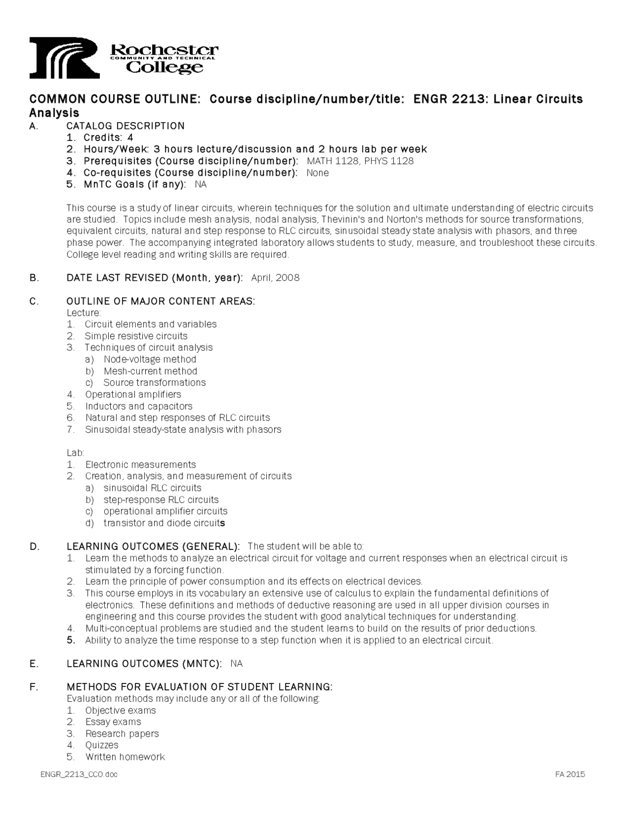 Linear Circuit Course Outline - Docsity