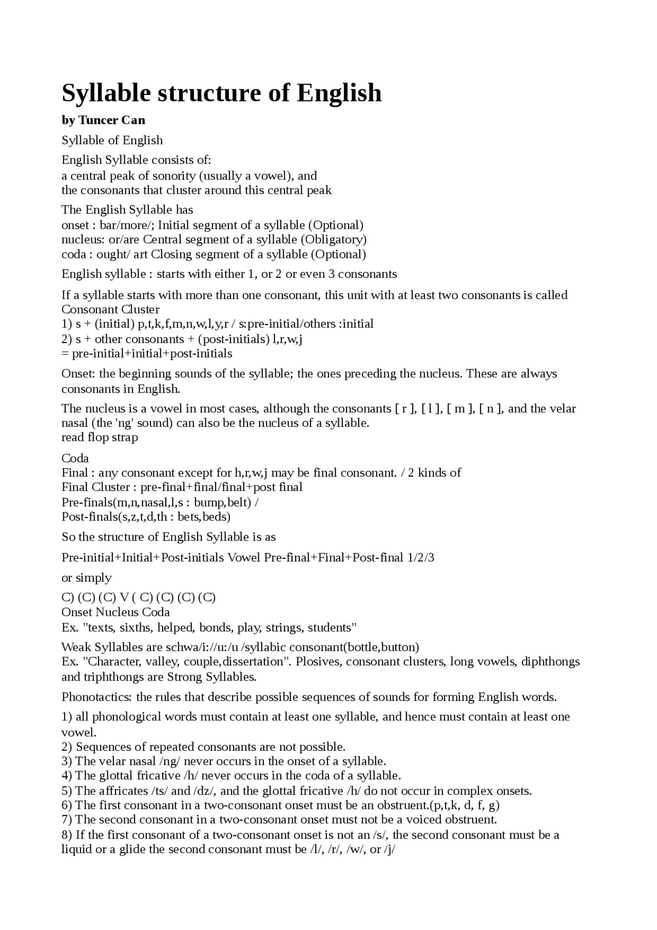 Syllable structure of english - Docsity