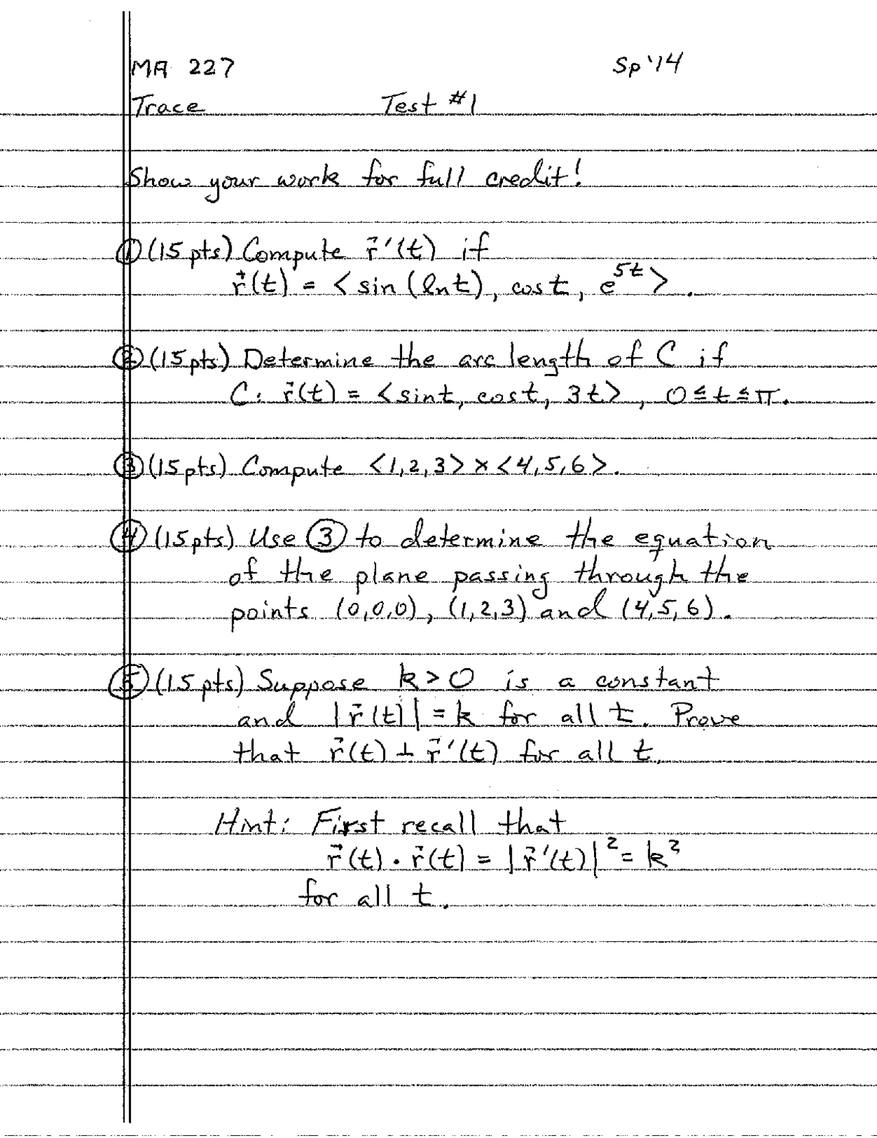 Calculus III - Test 1 Handwritten Notes | MATH 227 - Docsity