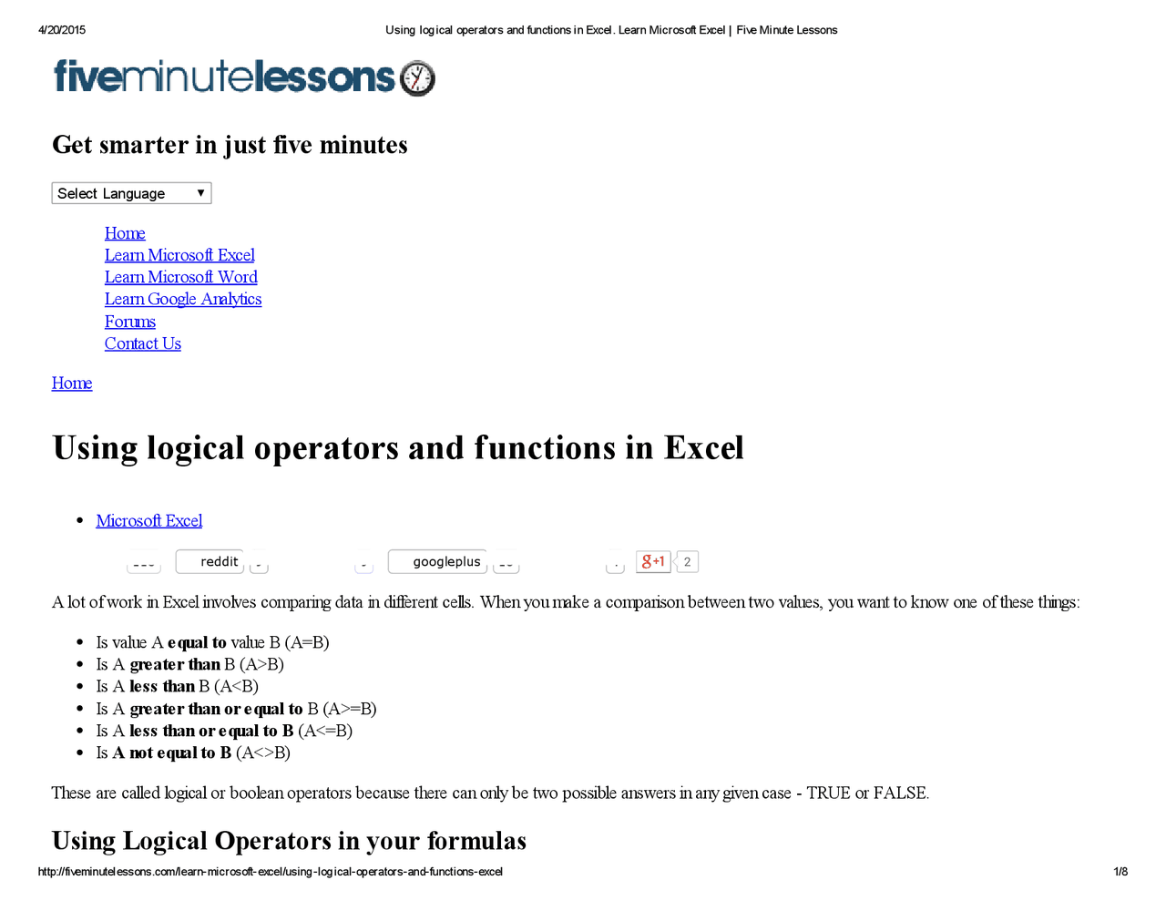 Using logical operators and functions in excelUsing logical operators ...