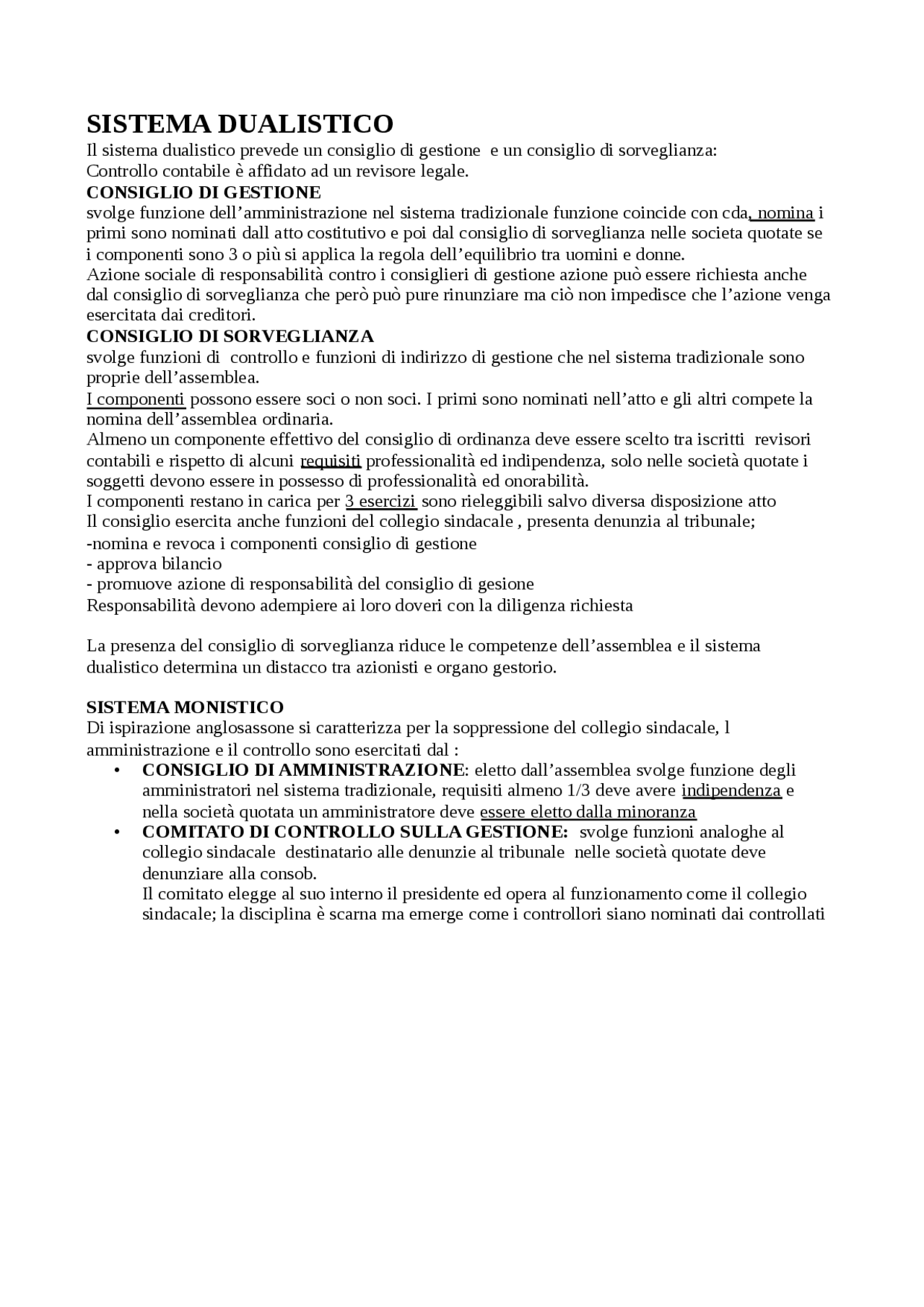 Sistema dualistico e monistico Sintesi del corso di Diritto Commerciale Docsity