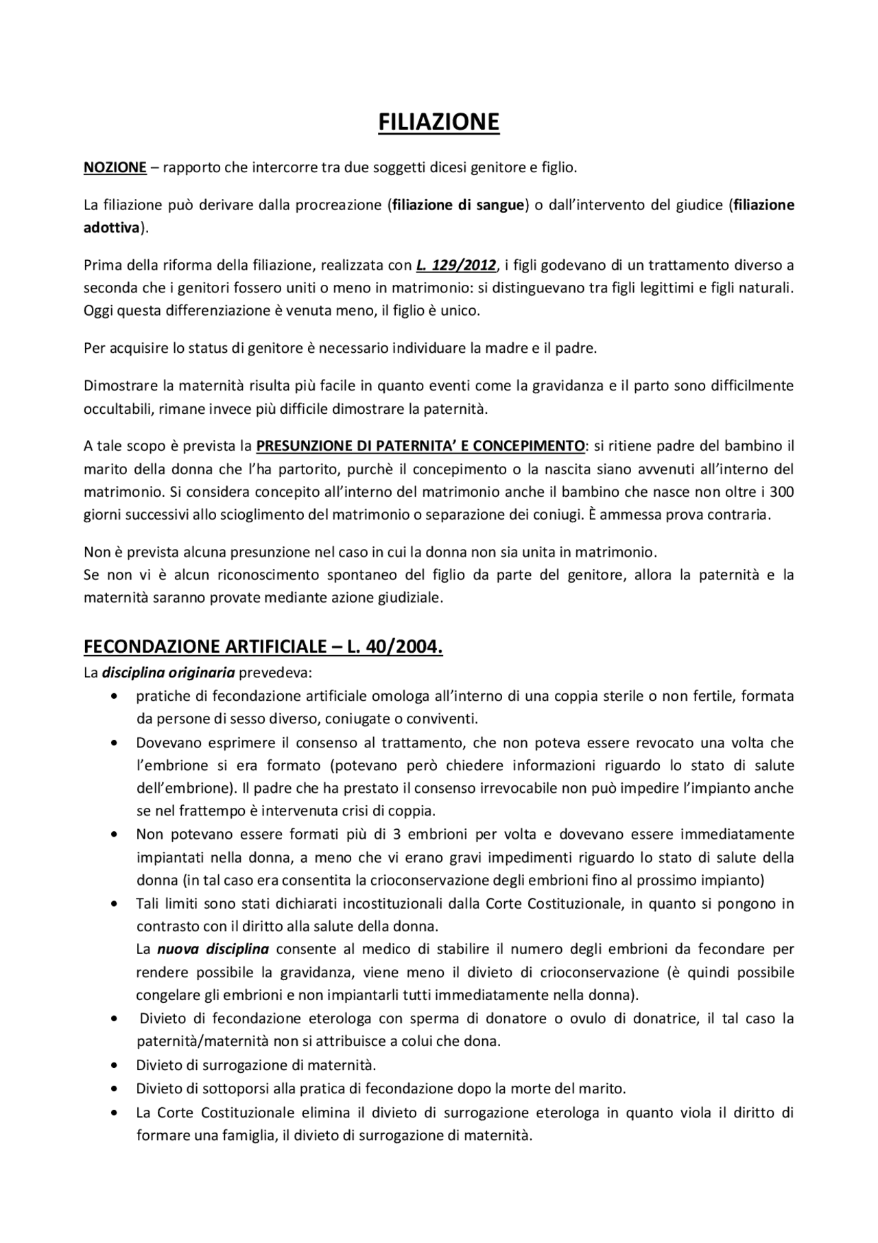 Riassunto sulla FILIAZIONE Docsity