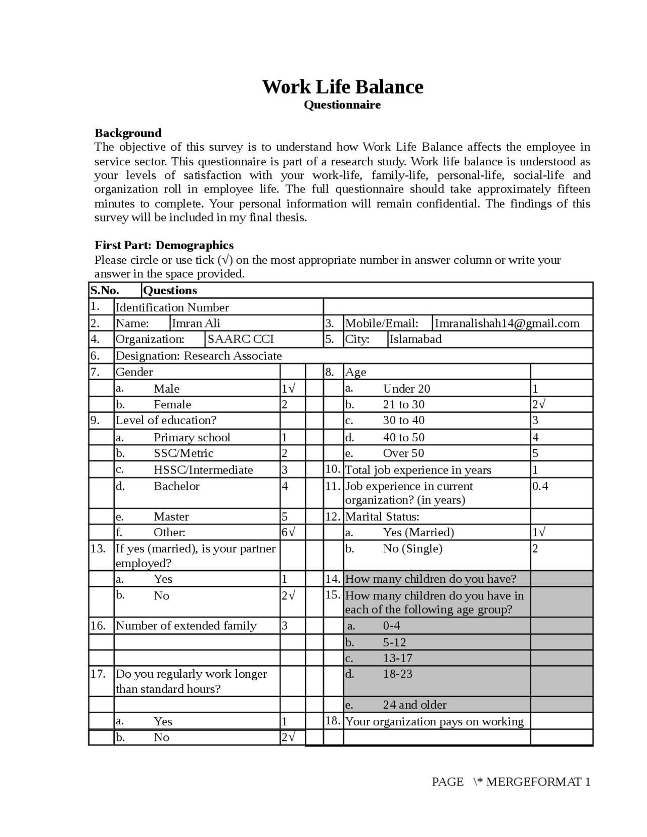 Work life balance questionnaire - Docsity