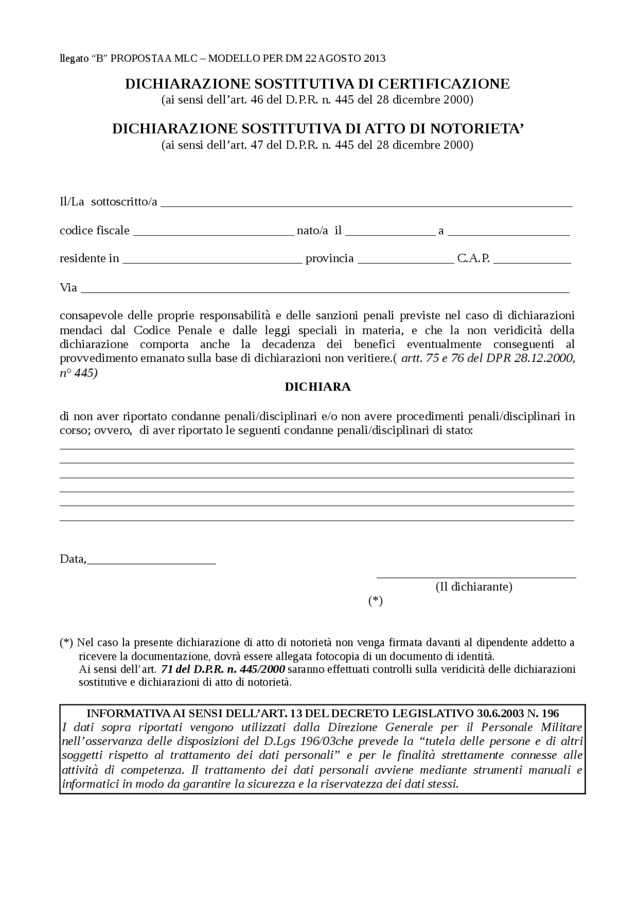 DICHIARAZIONE SOSTITUTIVA DI ATTO DI NOTORIETA’ - Docsity