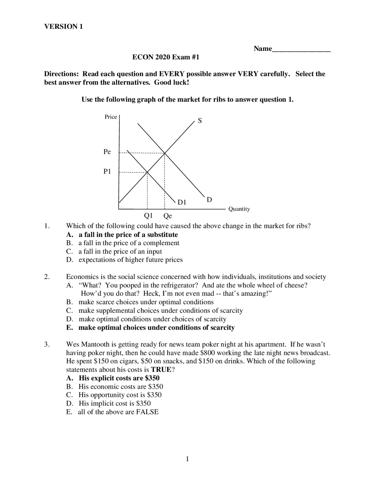 Exam 1 Version A with Solutions - Principles of Microeconomics | ECON ...