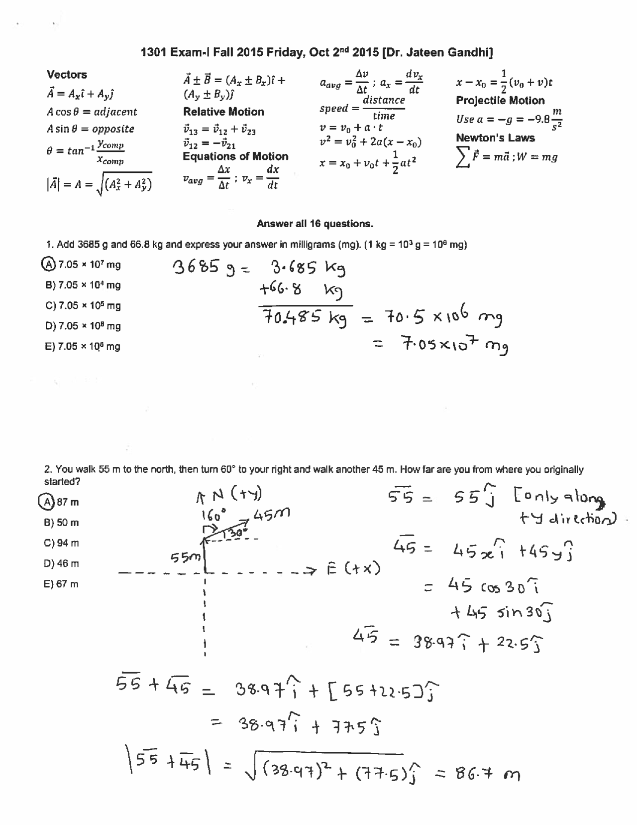 Exam 1 Solved - Introductory General Physics I | PHYS 1301 - Docsity