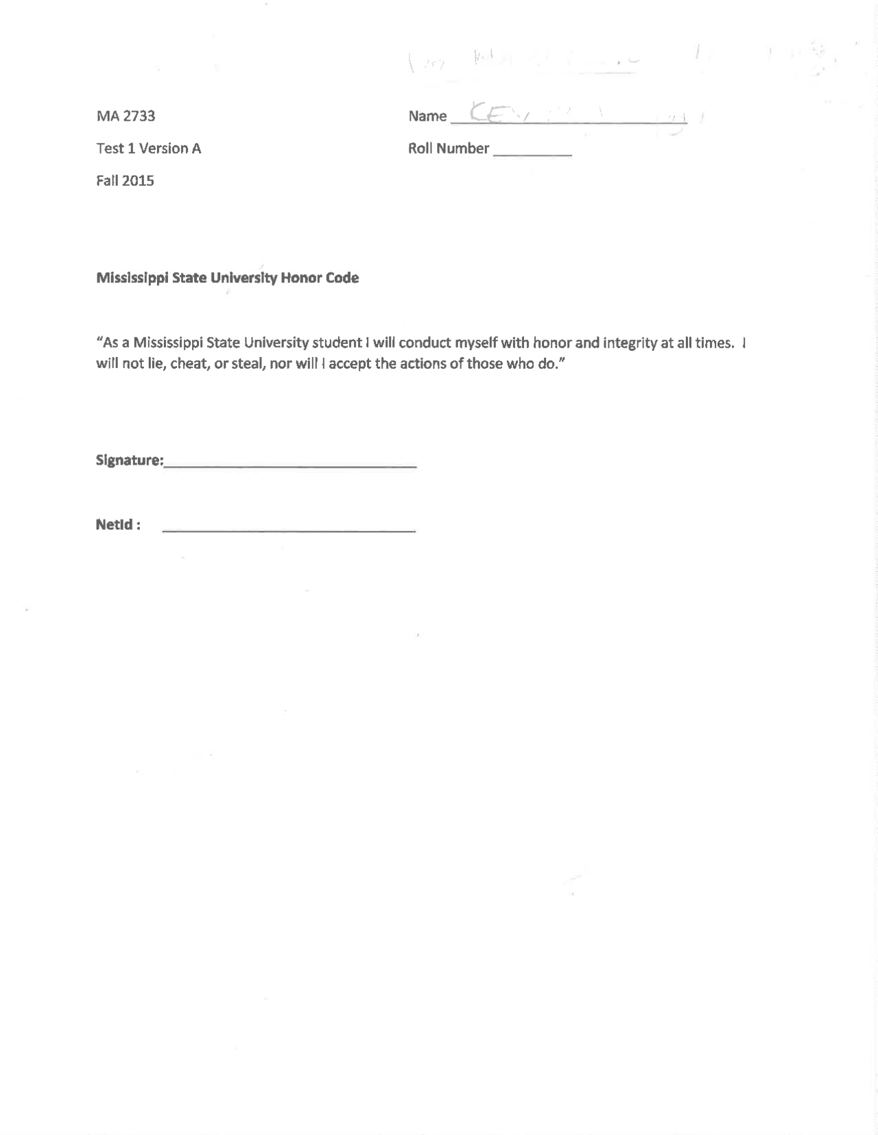 Test 1 Version A with Answer Key on Calculus III | MA 2733 - Docsity