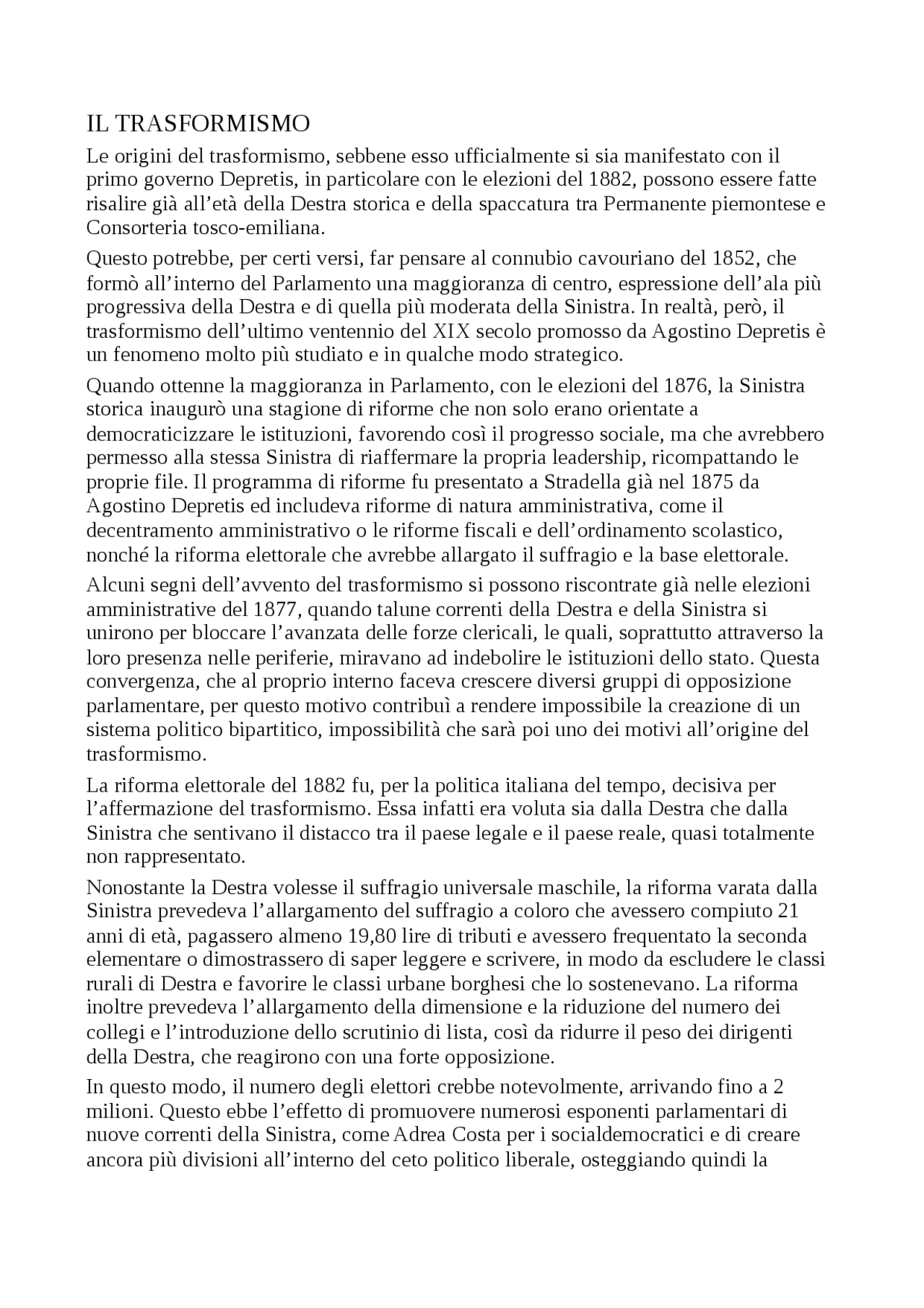 Il trasformismo del governo Depretis Tesine universitarie di Storia