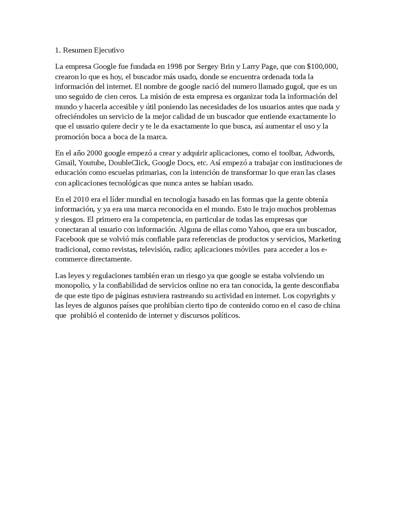 Resumen Ejecutivo Google Docsity