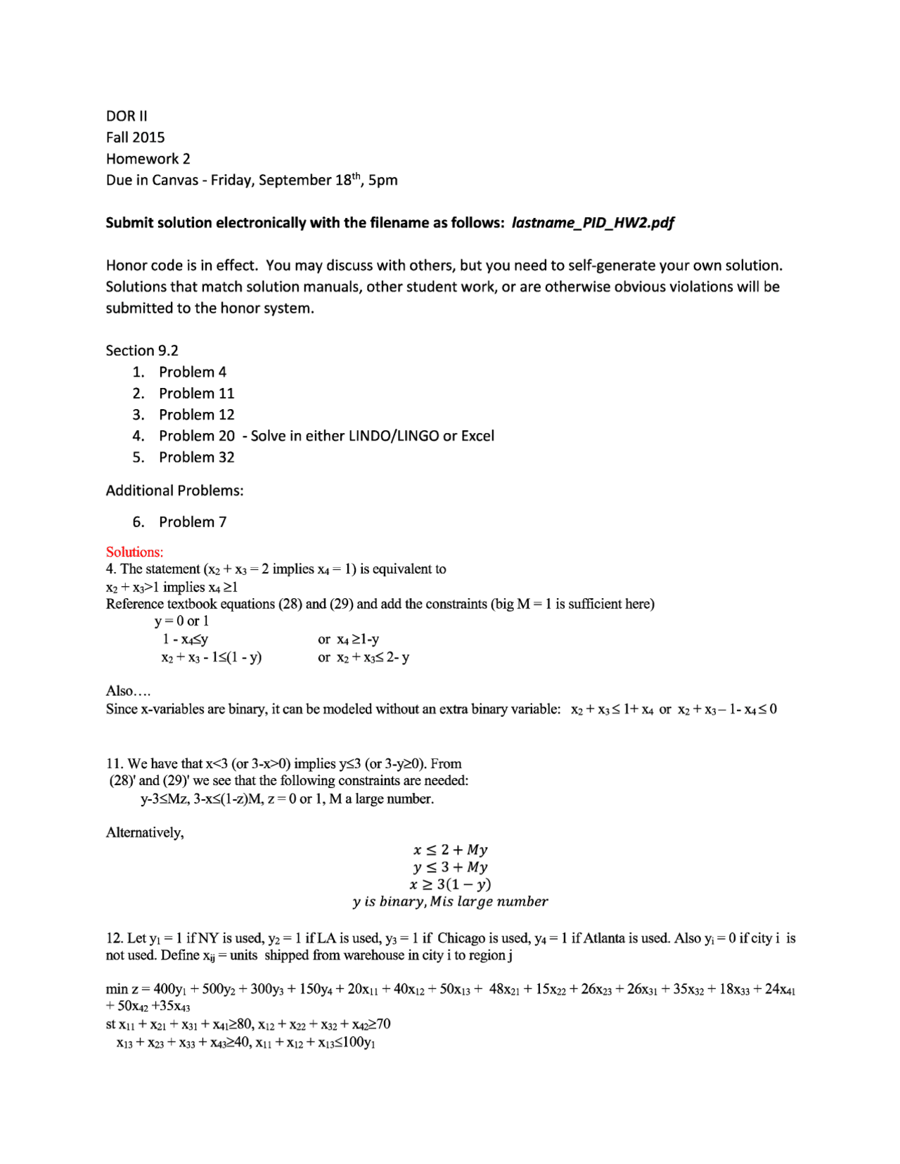 Deterministic Operations Research II - Homework 2 Solutions | ISE 3434 ...