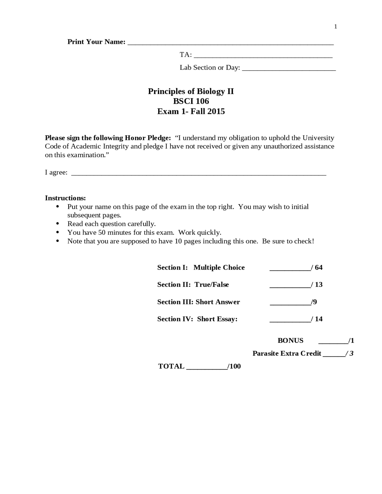 Principles of Biology - Exam 1 Questions | BSCI 106 - Docsity
