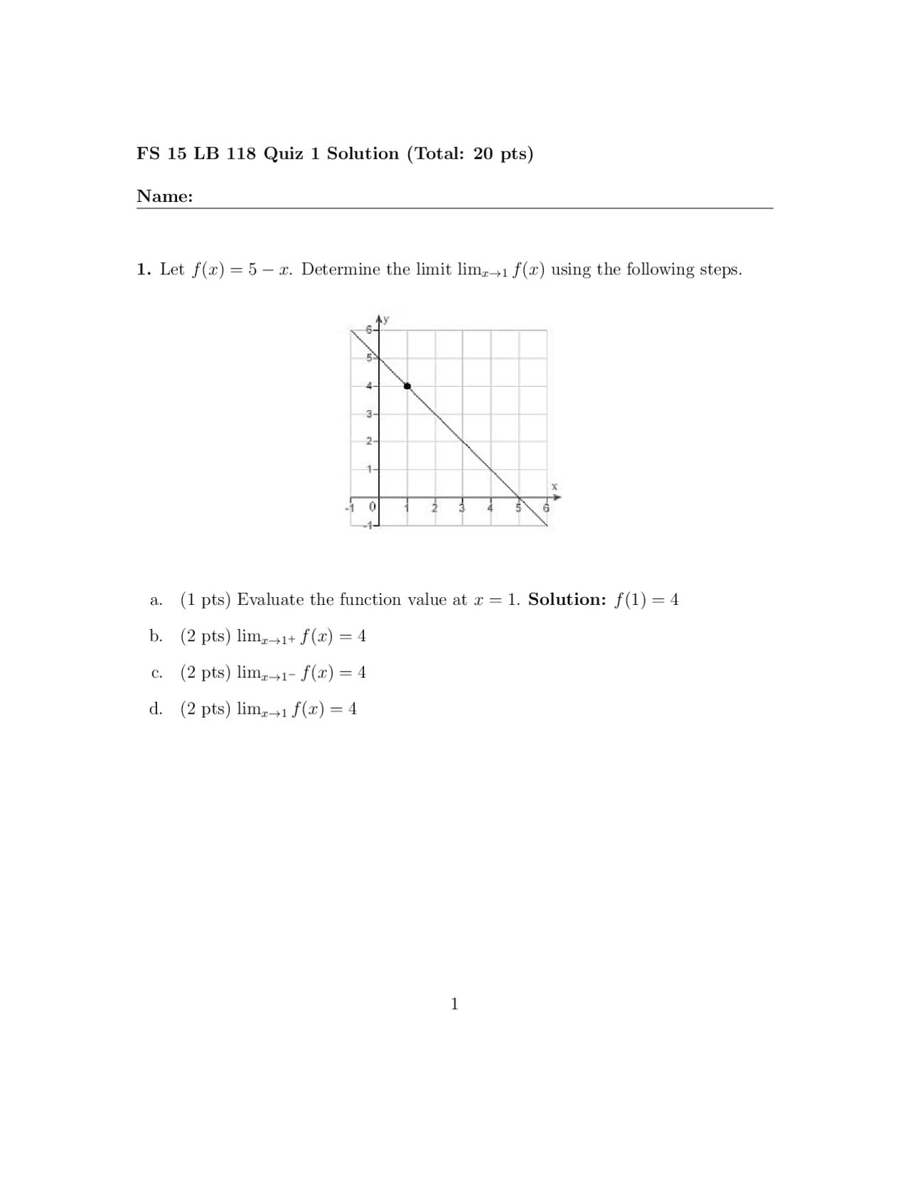 4 Problems with Solutions on Calculus I - Quiz 1 | LB 118 - Docsity