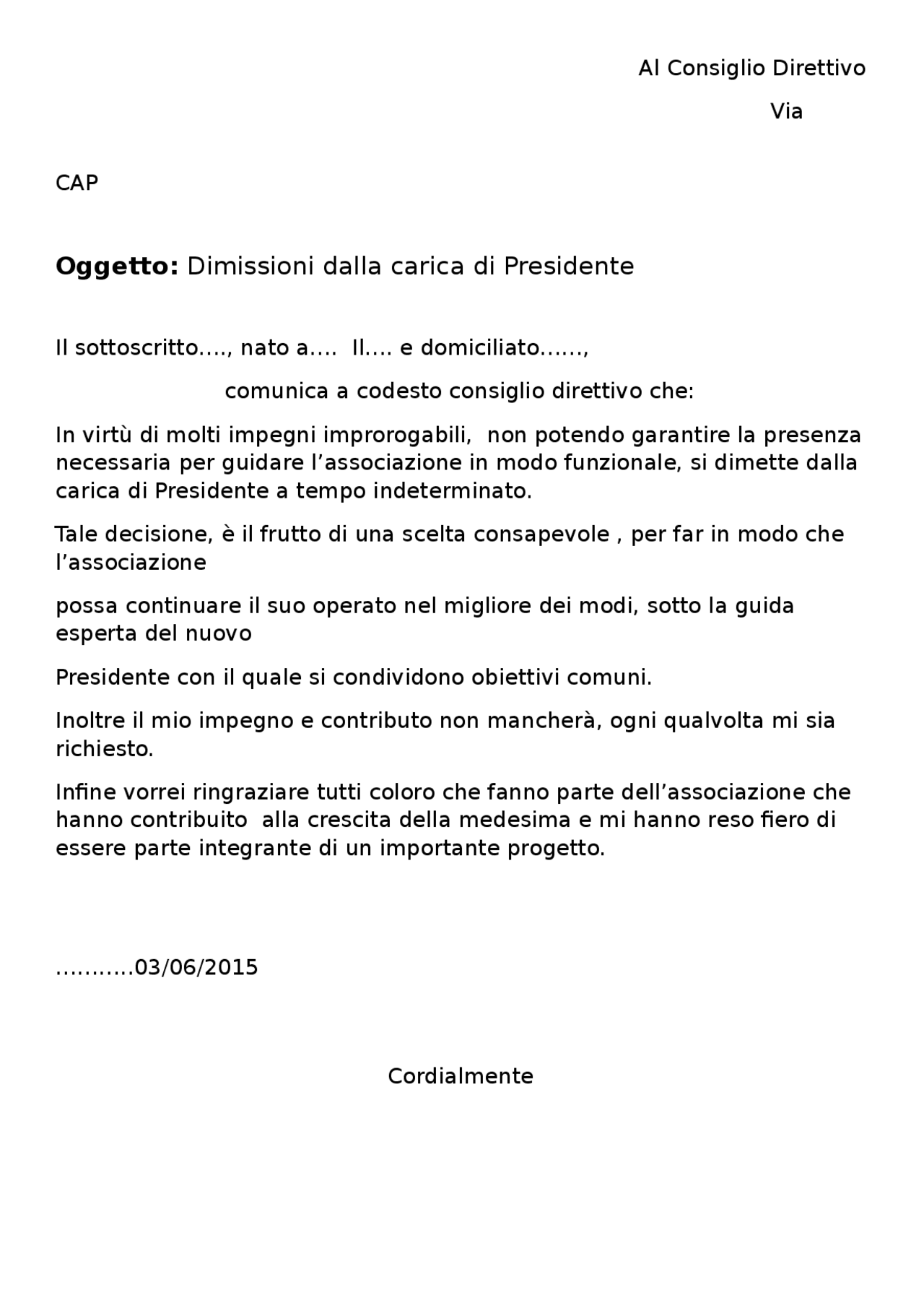 Lettera dimissioni presidente - Docsity