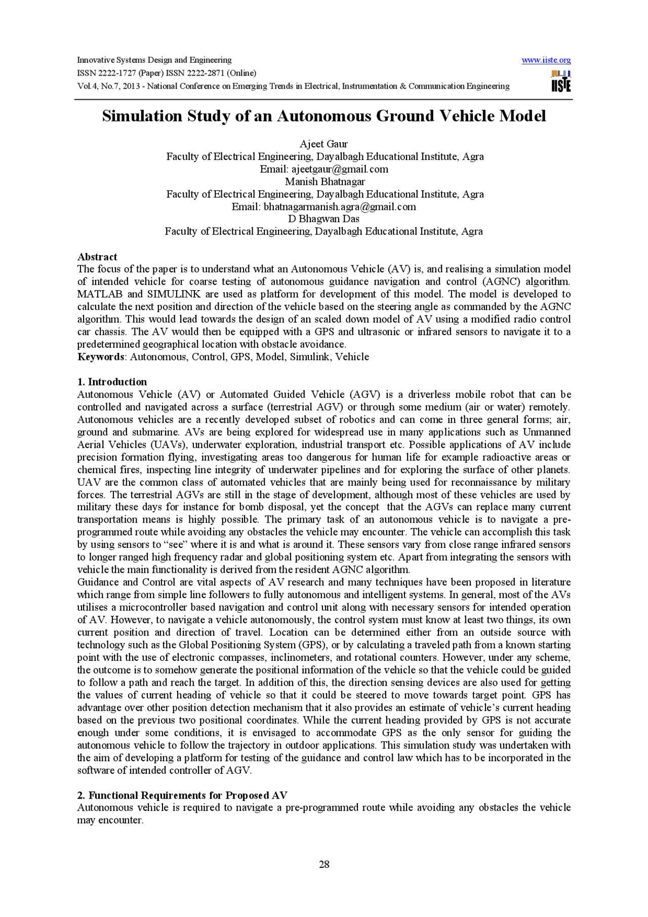 Simulation study of an autonomous ground vehicle model - Docsity