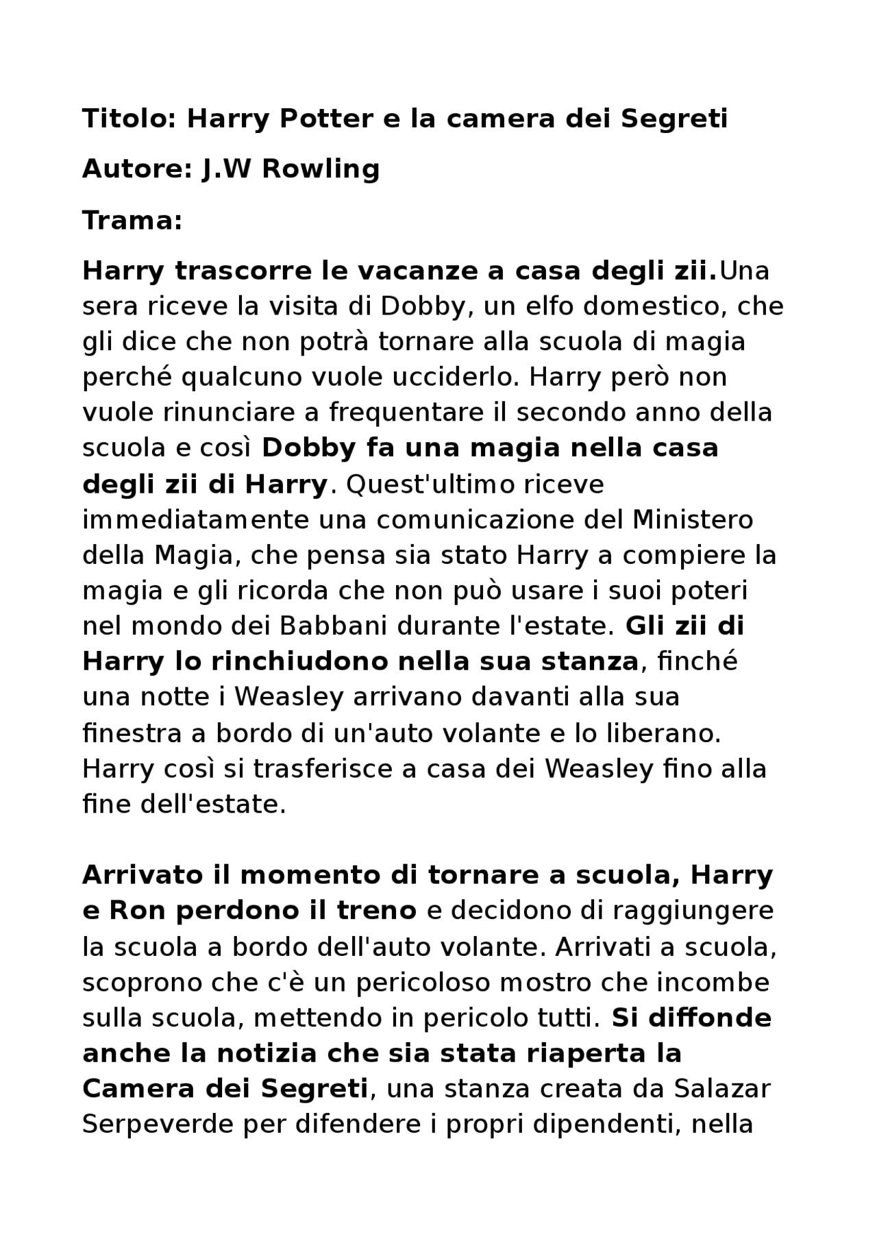 Riassunto Harry Potter E La Camera Dei Segreti