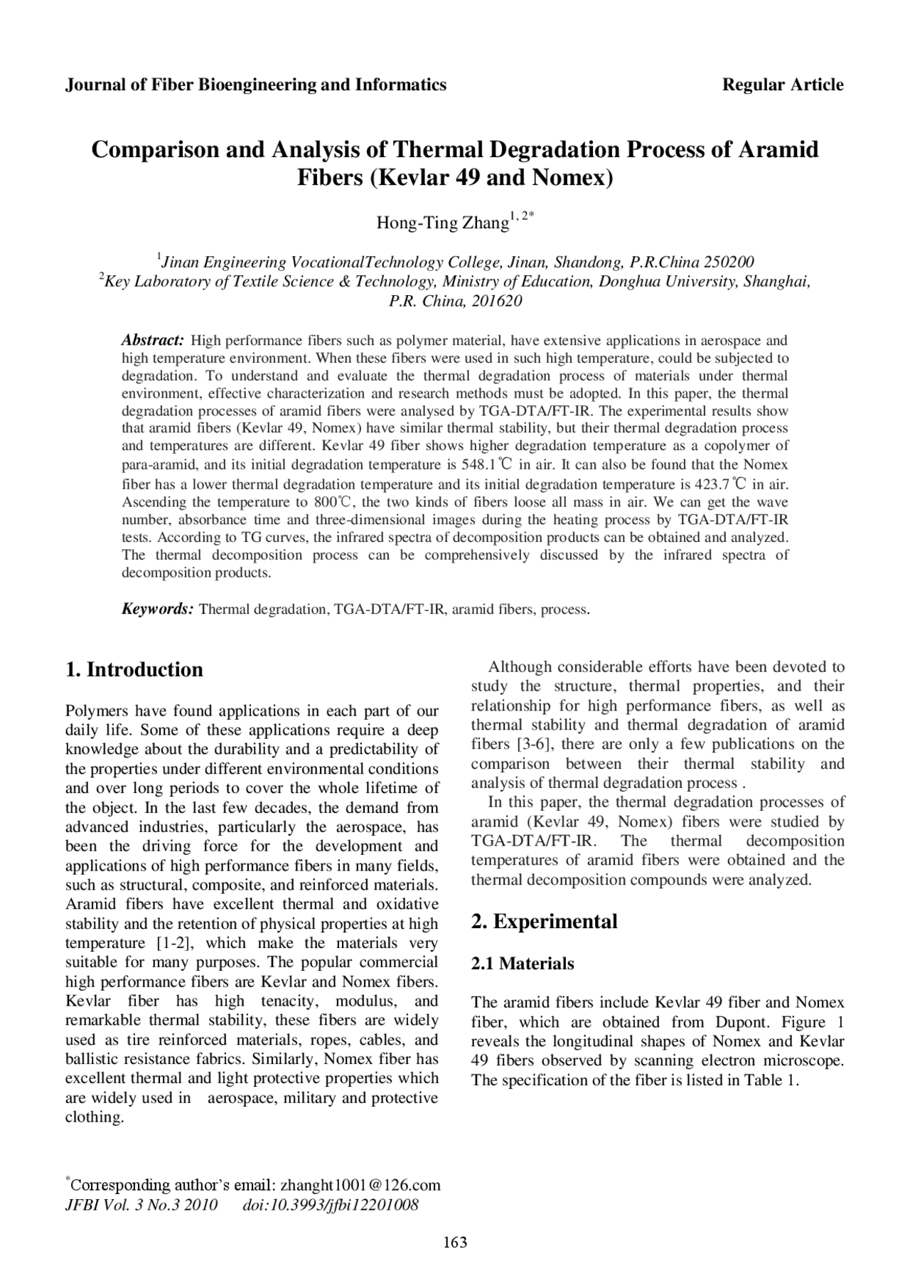 Comparison and Analysis of Thermal Degradation Process of Aramid Fibers ...