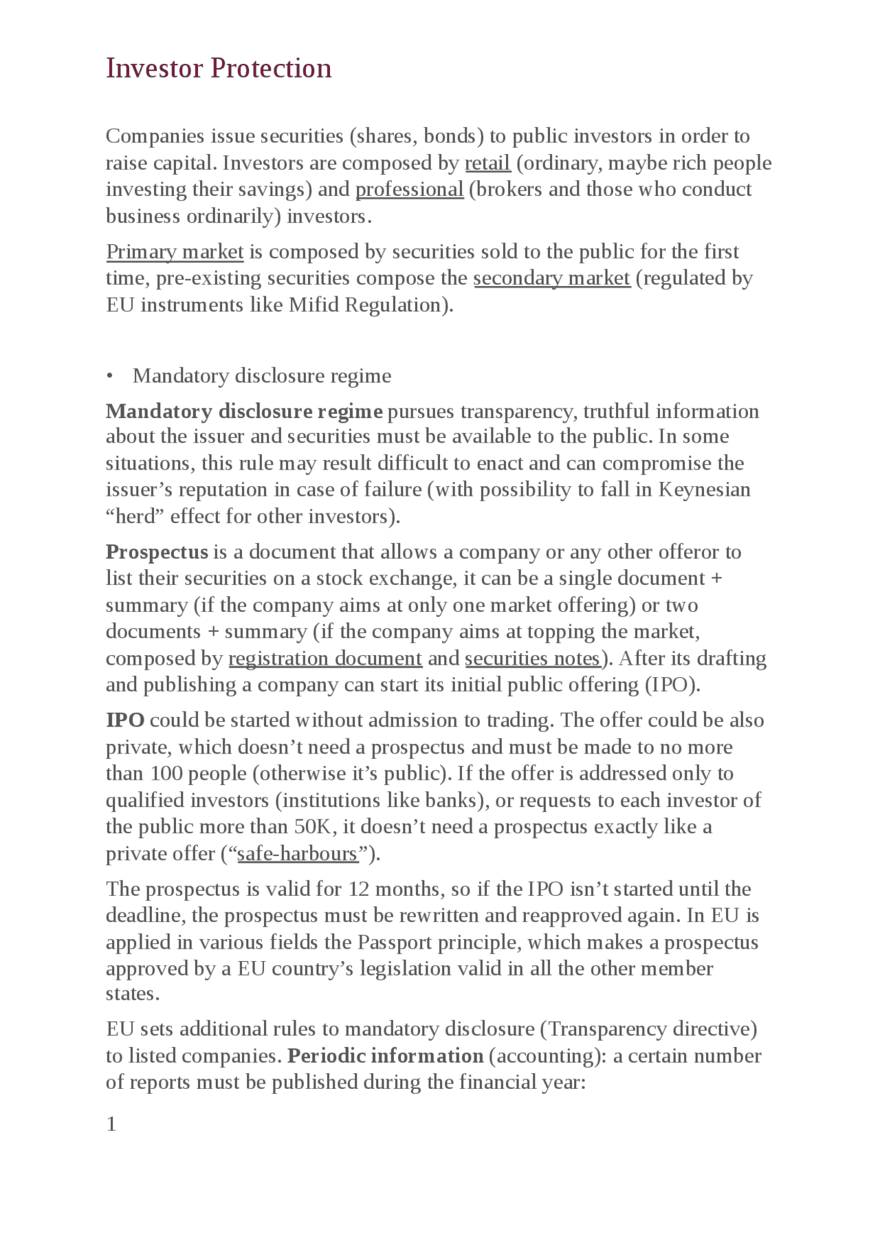 Investor protection (Comoany Law) - Docsity
