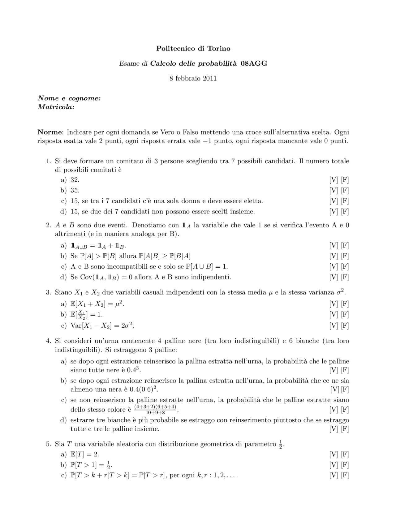 Tema D Esame Calcolo Probabilita 8 02 12 Docsity