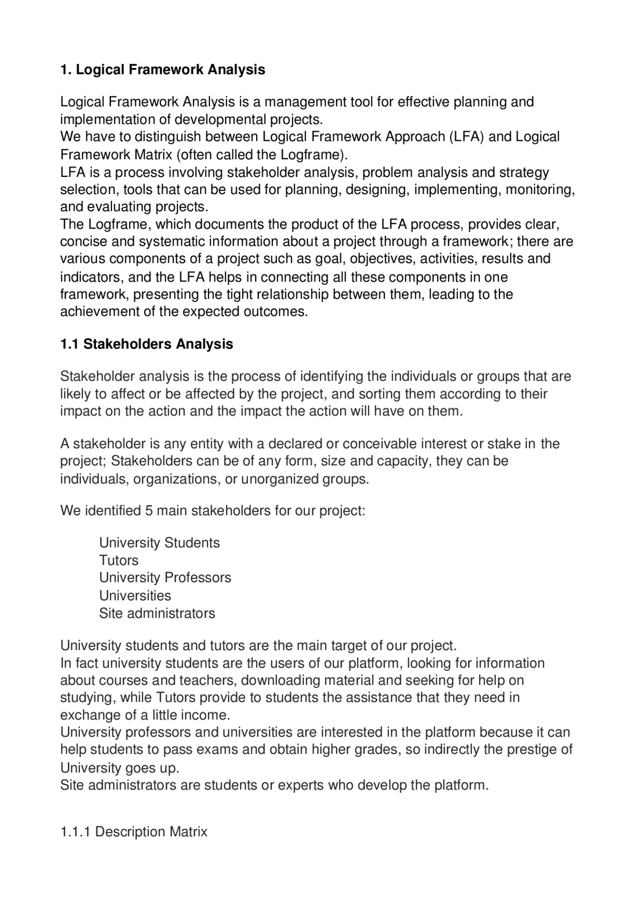 Lfa Logical Framework analysis - Docsity